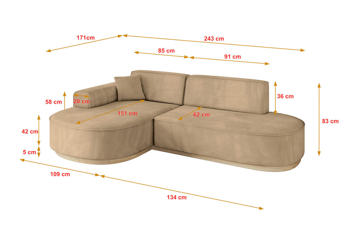 ECKSOFA Ottomane Links MARI-L1-v1 - 243x171x83 cm Taupe Velours - Taupe, Holzwerkstoff/Textil (243/171cm) - ALTDECOR