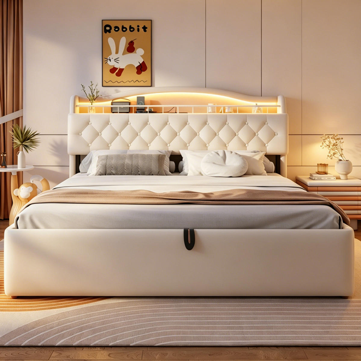 POLSTERBETT 180/200 cm in Beige mit Bettkasten, LED, USB und USB-C Samt - Beige, Holzwerkstoff/Textil (180/200cm) - STILVORA