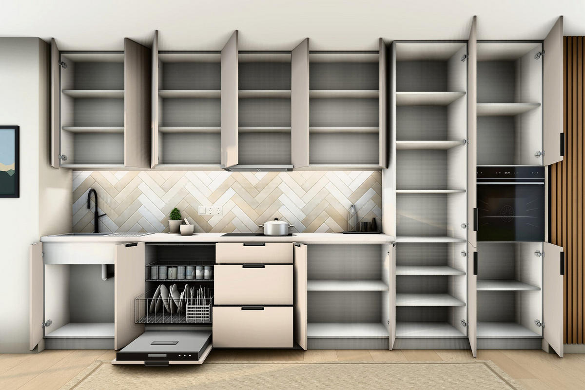 KÜCHENZEILE Sorento Weiß & Beige – 400 cm – K58-G400 R - Beige/Schwarz, Holzwerkstoff/Metall (400/247/58cm) - ROYAL24_MARKT
