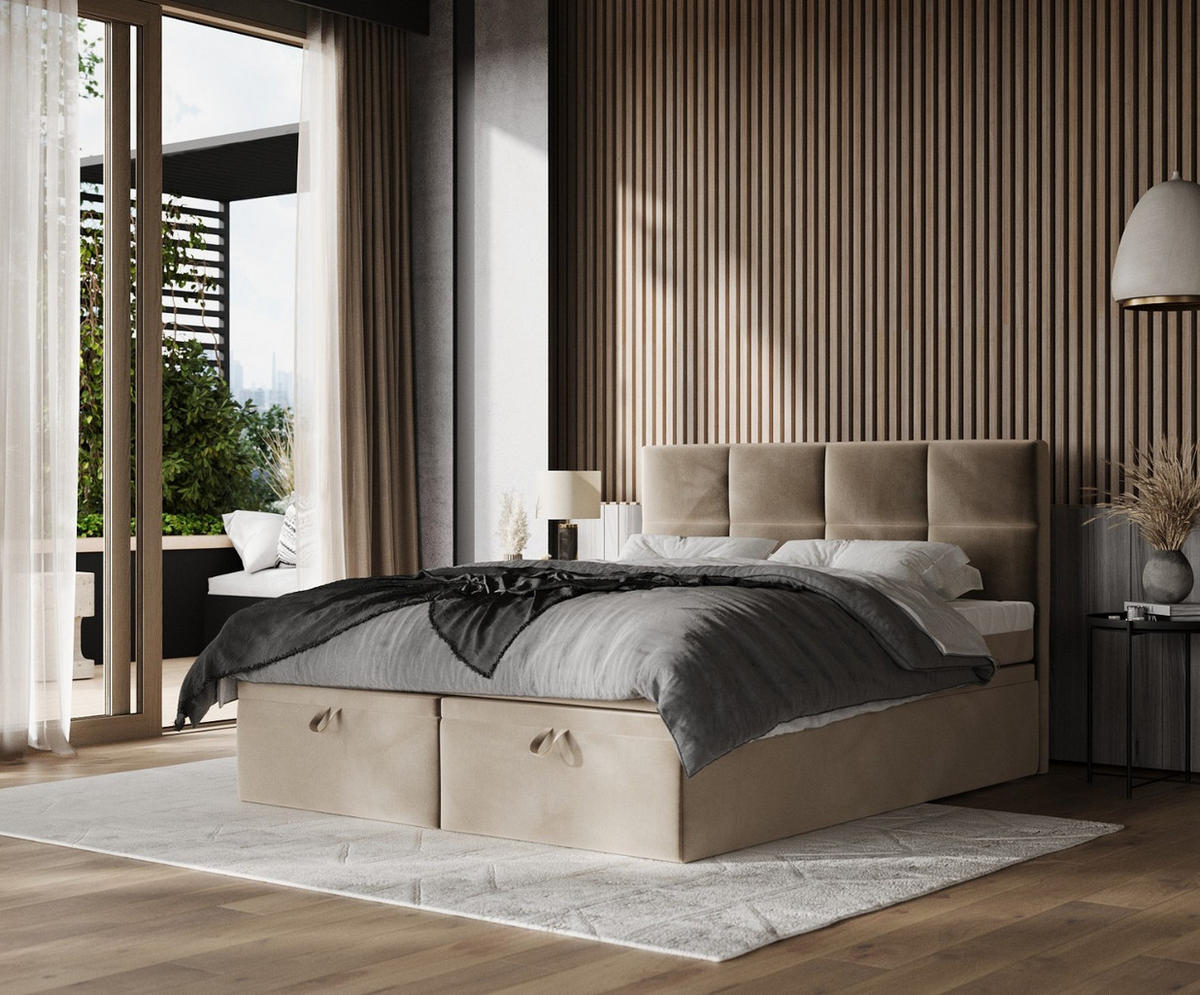 BOXBETT Tessa 180/200 cm Taupe im Paros Stoff - Taupe/Schwarz, Holz/Holzwerkstoff (180/200cm) - AltaBeds