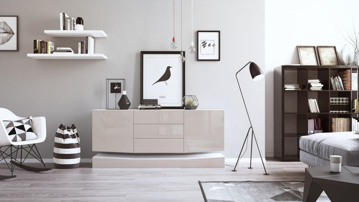 SIDEBOARD City Fronten in Sandgrau Hochglanz - Sandfarben, Holzwerkstoff (178/82/39cm) - Vladon