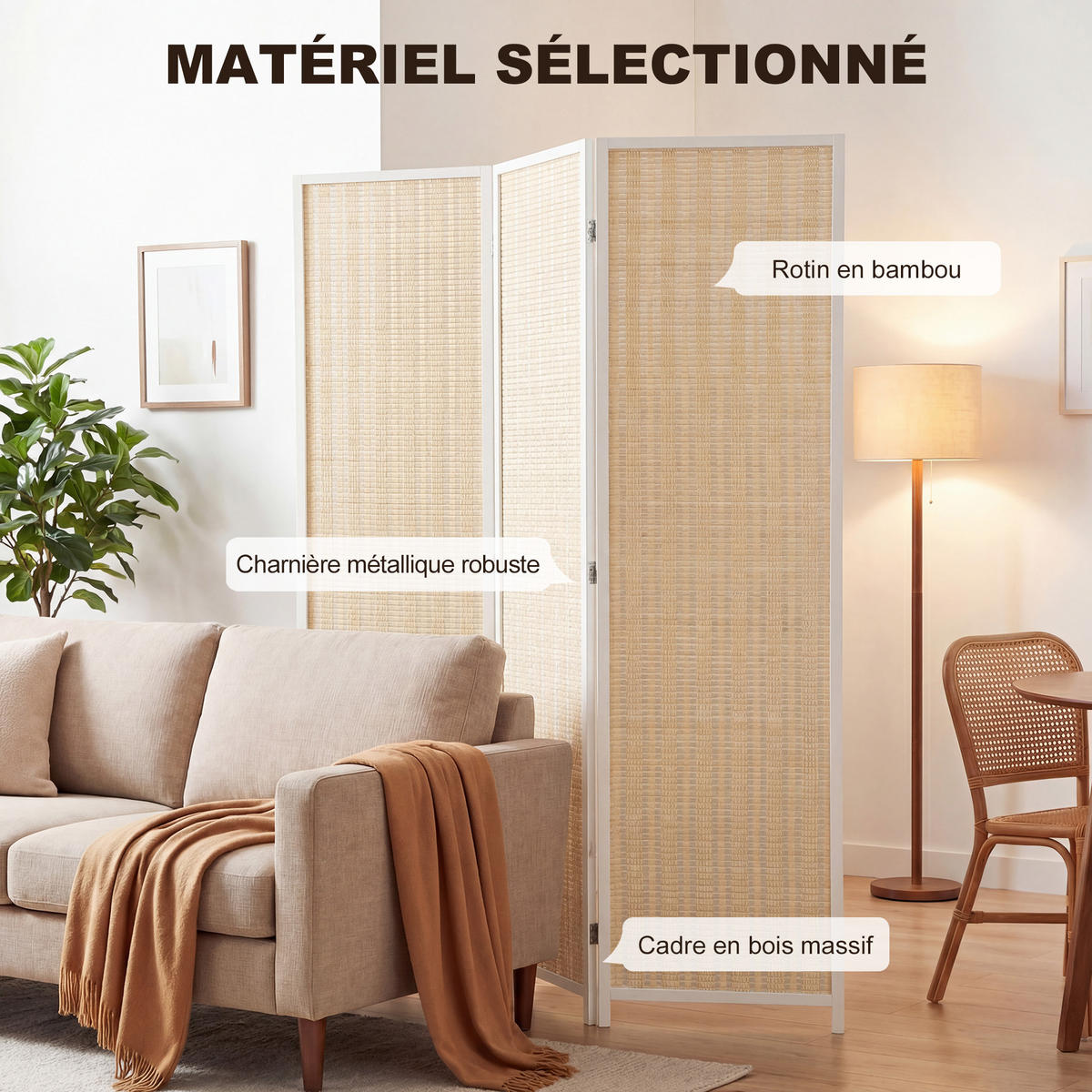 PARAVENT 3-tlg DE-14372 faltbar mit Bambusgeflecht Weiß - Weiß, Naturmaterialen (135/180/1.7cm) - ComfortXL