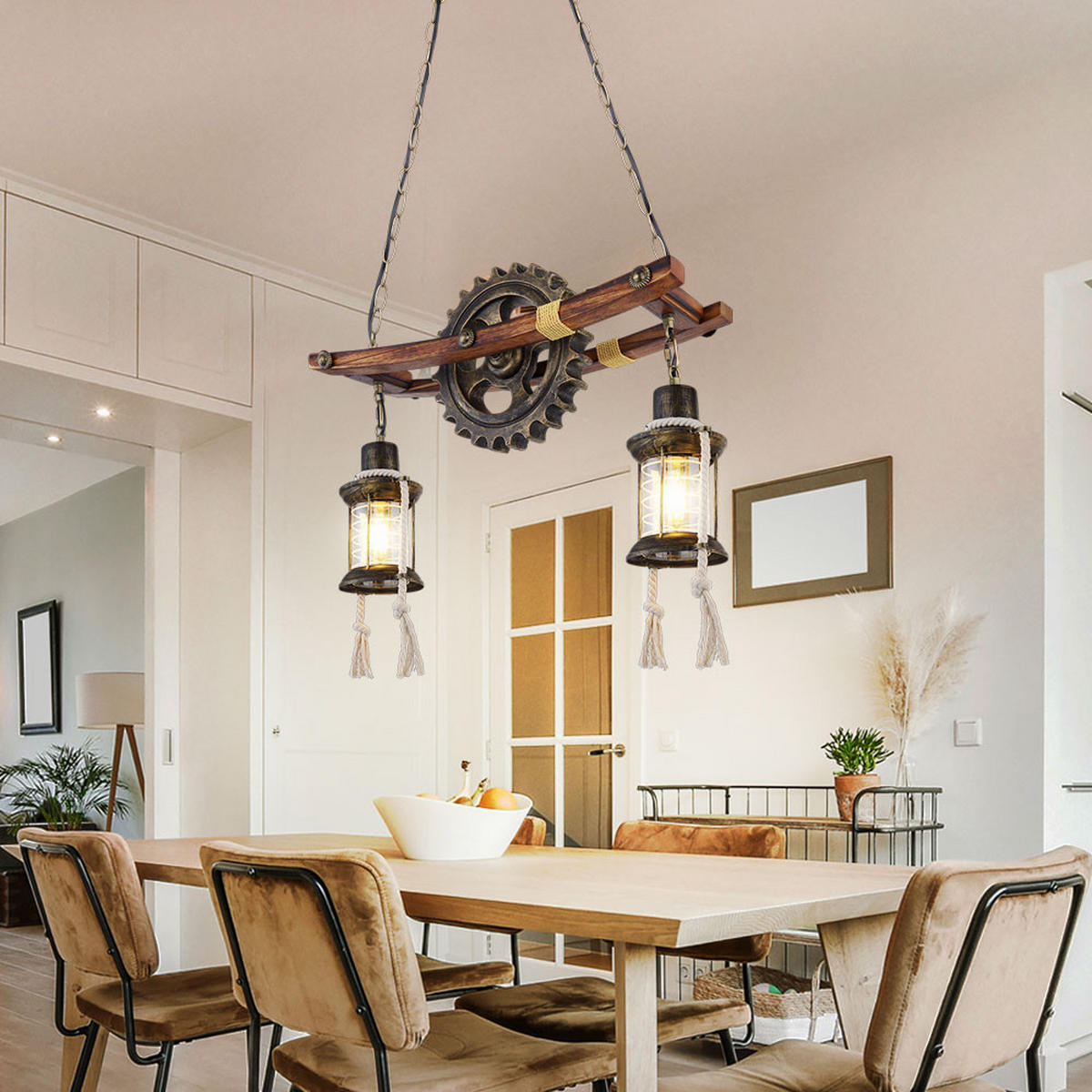 HÄNGELEUCHTE Holz Braun Steampunk Design - Braun, Holz (62/20/110cm) - Globo Lighting