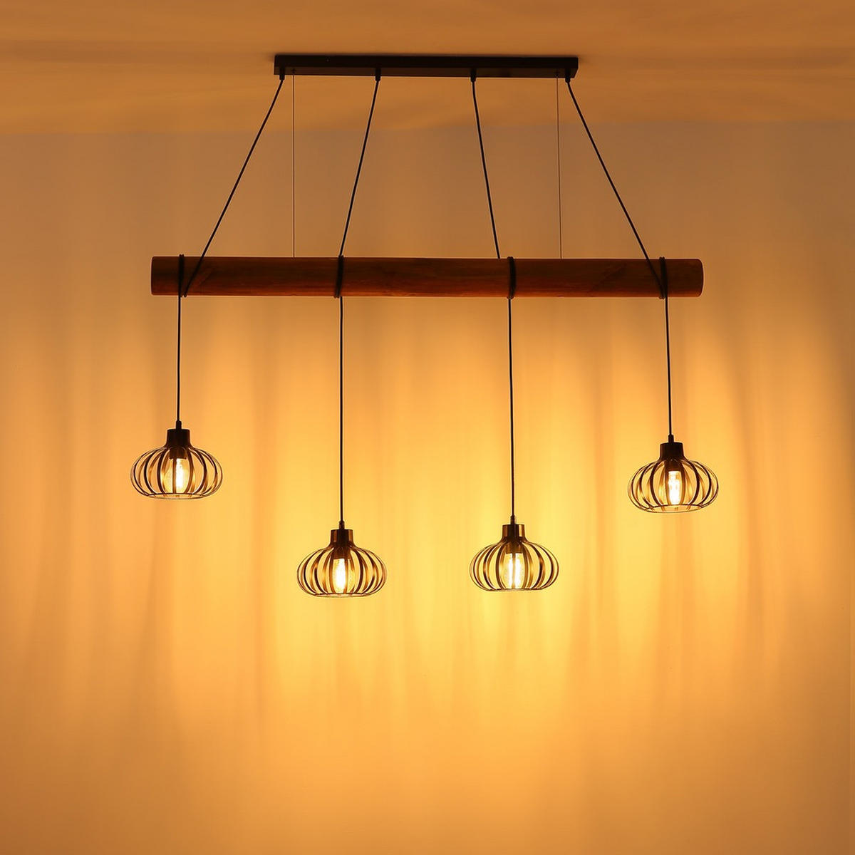 PENDELLEUCHTE CALDWELL, Metall, Schwarz matt, 4-flammig - Schwarz, Holz (125/20/150cm) - Globo Lighting