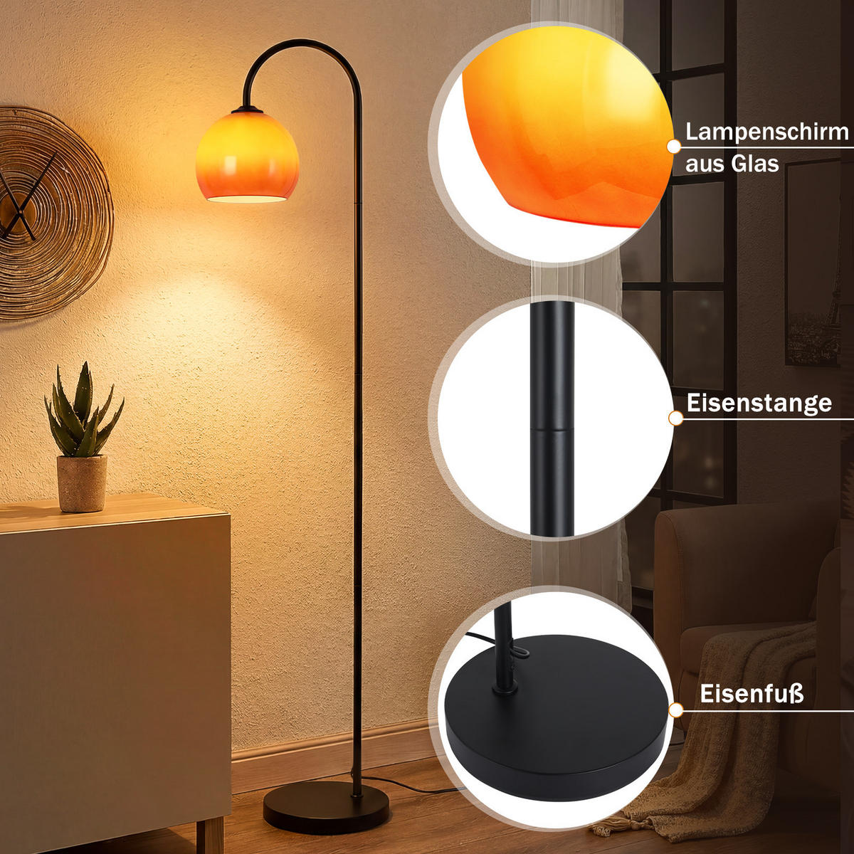 STEHLAMPE Quorlis 36/25/160 cm - Schwarz/Orange, Glas/Metall (36/25/160cm) - ZMH