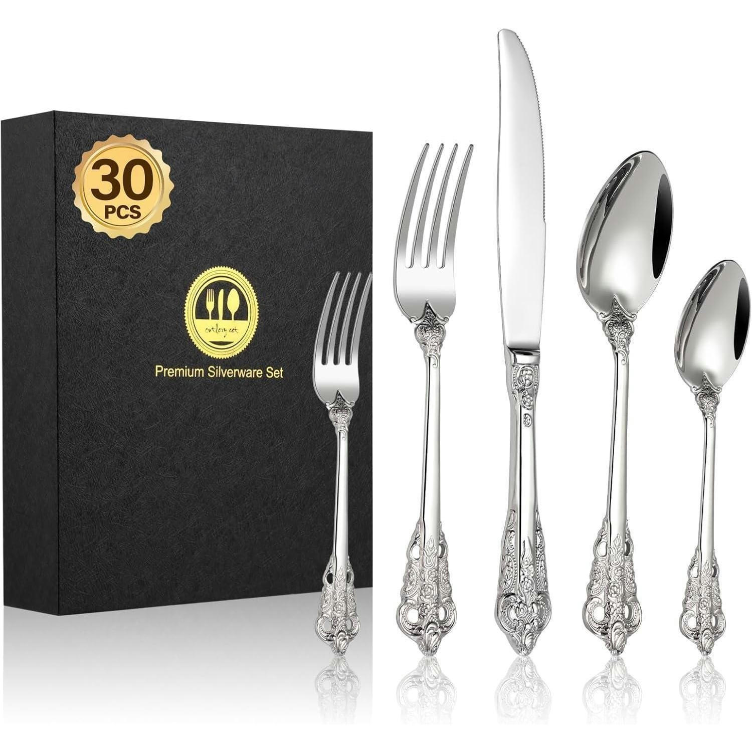 BESTECKSET 30-teiliges Set Edelstahl Silber Geprägte Griffe Spülmaschinenfest - Silberfarben, Metall