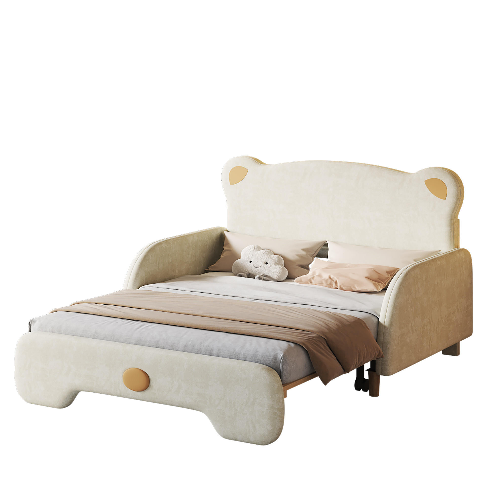 OKWISH ČALOUNĚNÁ postel 140/200 cm béžová ze sametu s výsuvným lůžkem a medvědím designem
