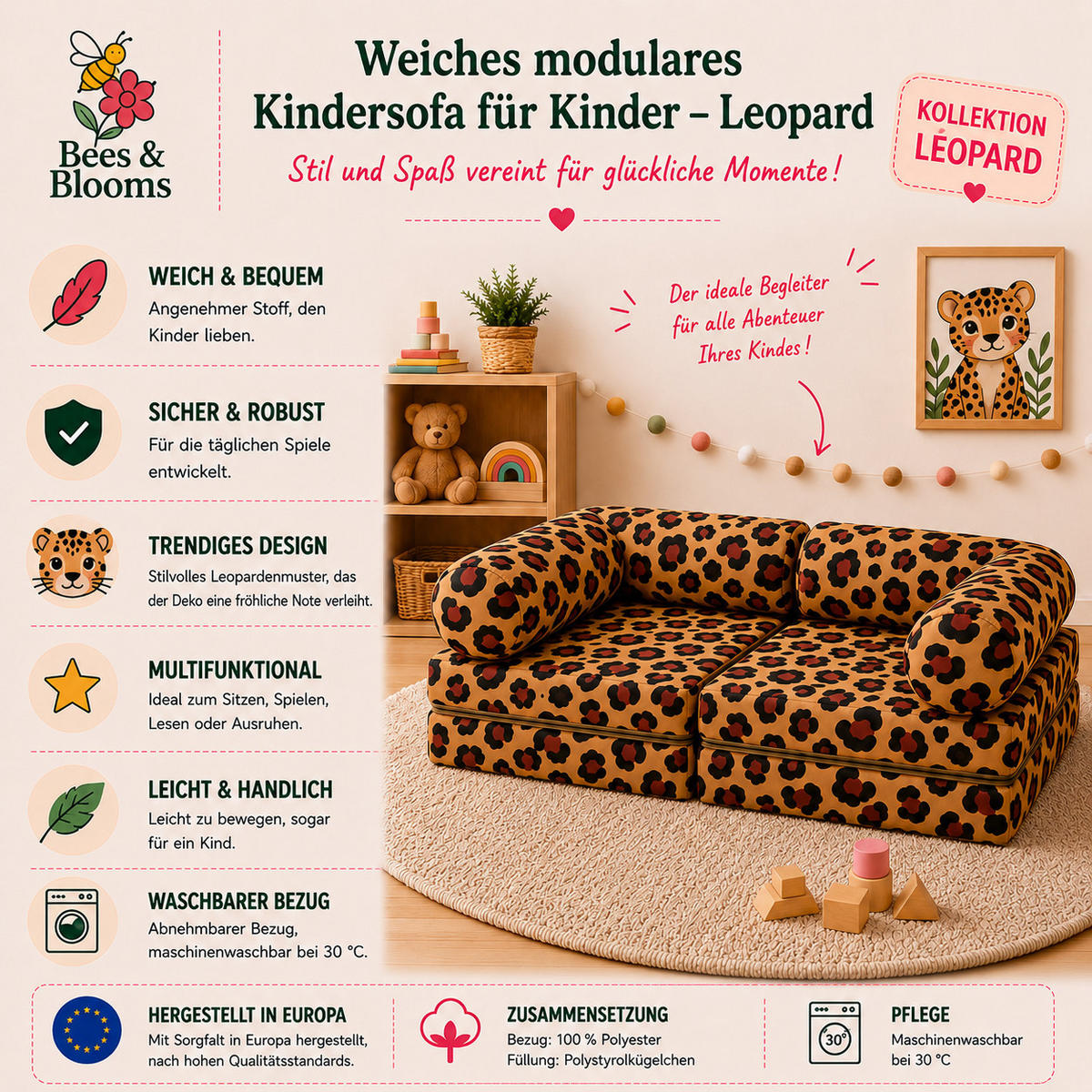 MODULARES Kindersofa Leopard – weiches Spielsofa zum Spielen und Entspannen - Schwarz, Textil (142/25/71cm) - Bees & Blooms