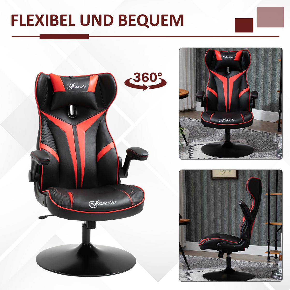GAMING Stuhl, Drehstuhl, Schwarz+Rot - Rot/Schwarz, Kunststoff (70/112/67cm) - Vinsetto