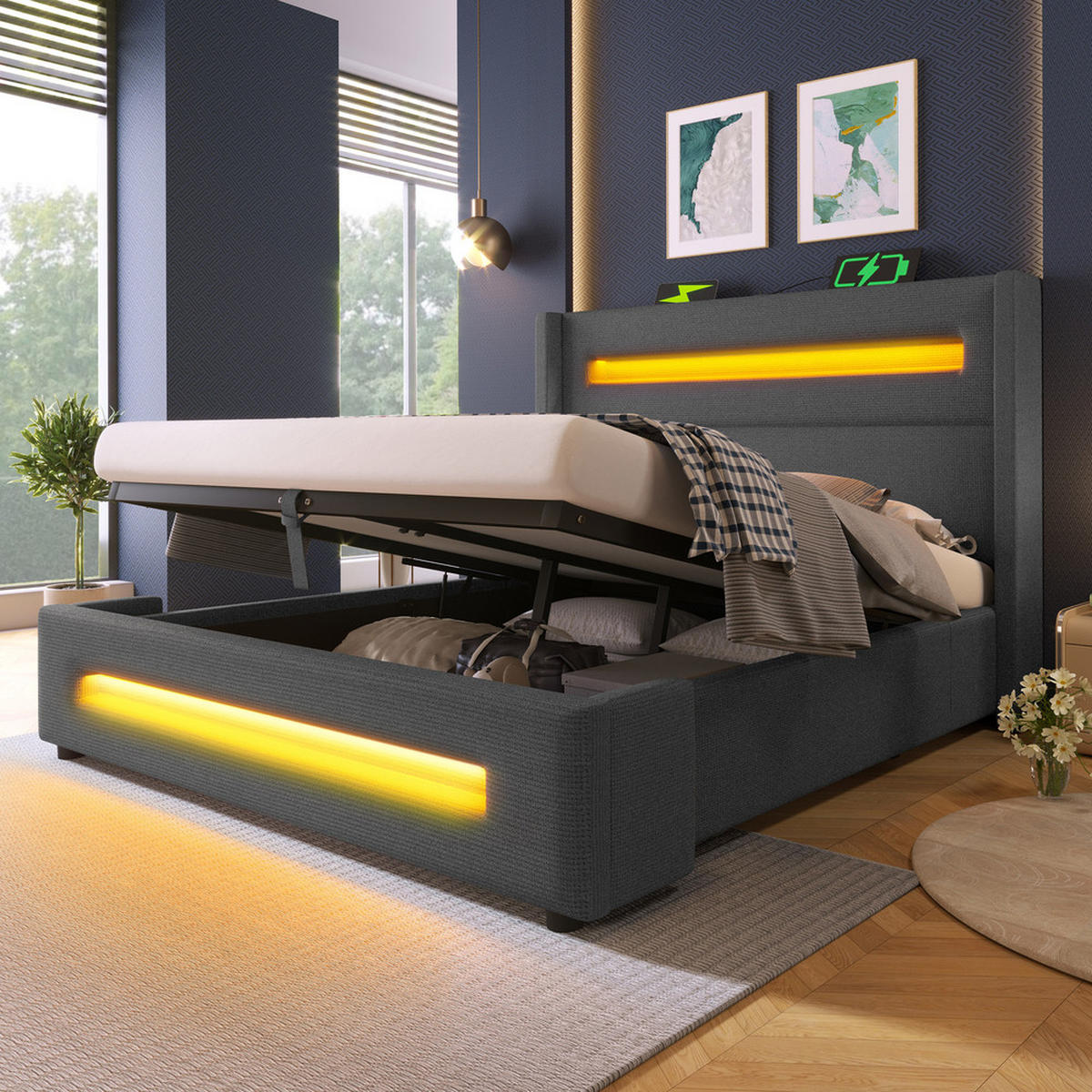 POLSTERBETT 160x200cm Doppelbett Jugendbett LED USB-C & Hydraulik Grau - Grau, Holz (160/200cm) - FLIEKS