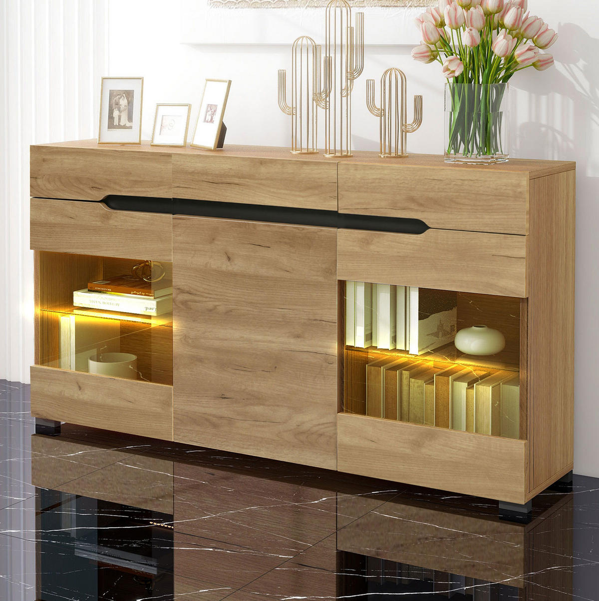 KOMODA z dřevotřísky 140x35x80 cm dubová s LED osvětlením, 3 dvířky, 3 zásuvkami a USB napájením - barva dubu, kompozitní dřevo (140/80/35cm) - Modfu