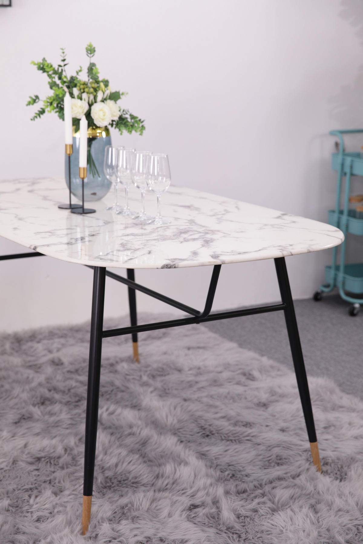 ESSZIMMERTISCH LARS - 160x90 cm - Platte Glas in Marmoroptik, Gestell pulverbeschichtetes Metall - Weiß, Metall (90/160/77cm) - TPFLiving