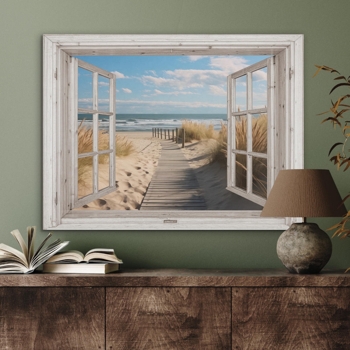 AKUSTIKPANEEL Fenster - Meer - Küste - Natur - Ausblick - Strand - Wattenmeer 80x60 cm - Beige, Textil (80/0.9/60cm) - MuchoWow