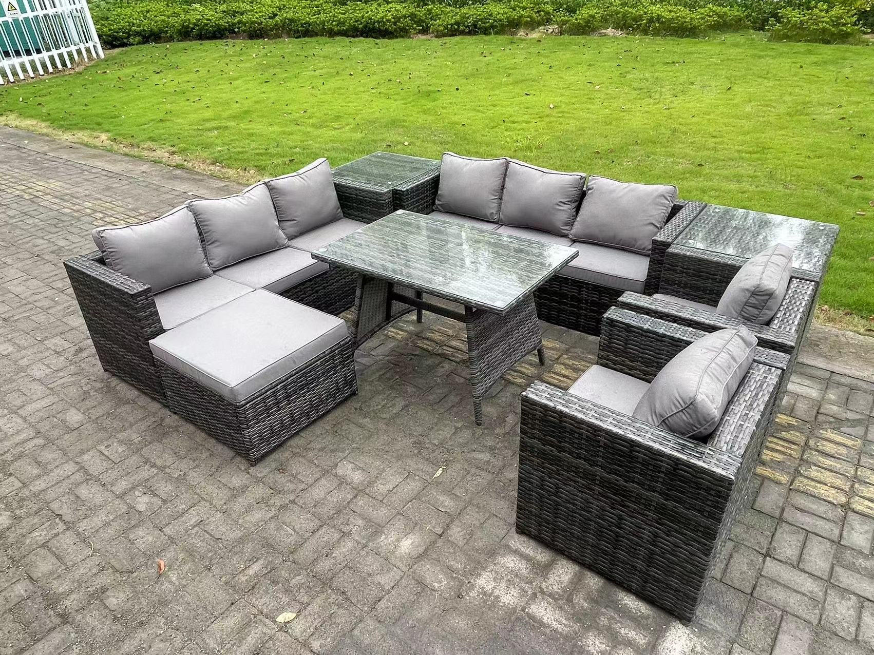 GARTENMÖBELSET mit Hocker,Beistelltisch 9-Sitzer Grau - Dunkelgrau/Grau, Glas/Kunststoff - Fimous