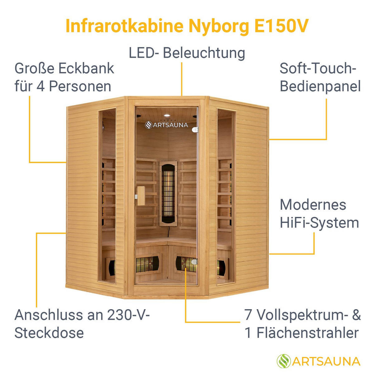 INFRAROTKABINE Nyborg E150V mit Vollspektrum-, Flächenstrahlern & Hemlockholz - Naturfarben, Holz (150/190/150cm) - Artsauna