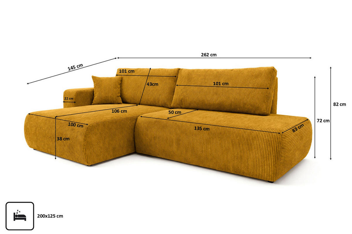 ECKSOFA Mit Schlaffunktion Und Bettkasten, Cordstoff Poso, Senffarbe, Links, OPEN XL - Gelb, Holz (262/145cm) - Kaiser Möbel