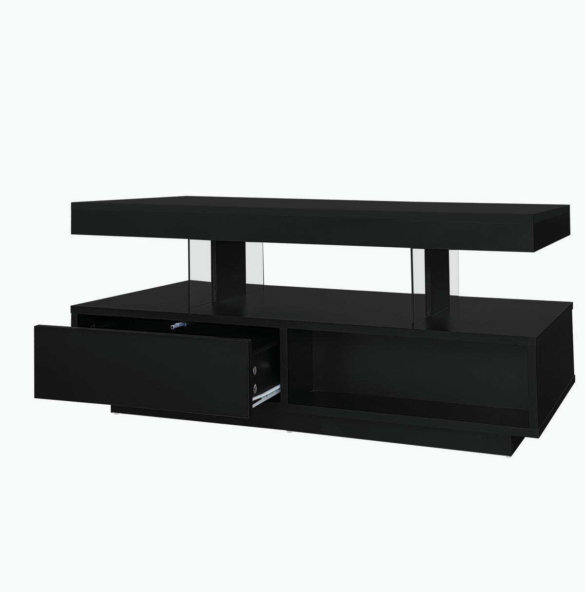 COUCHTISCH Schwarz Hochglanz mit 4 Glaseinsätzen, 2 Schubladen & LED per App, 95/50/42,5 cm,Schwarz - Schwarz, Holzwerkstoff (50/95/42.5cm) - Redom