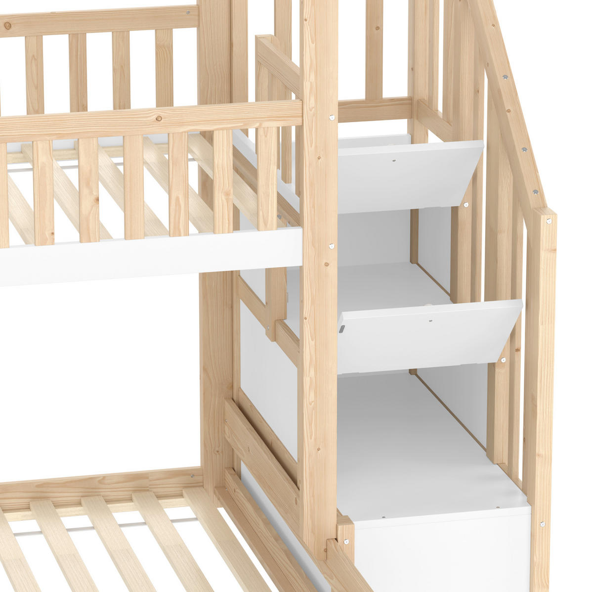 ETAGENBETT 90/200 cm Natur-Weiß aus Kiefer mit Stauraumtreppe Hausoptik - Naturfarben, Holzwerkstoff (90/200cm) - OKWISH