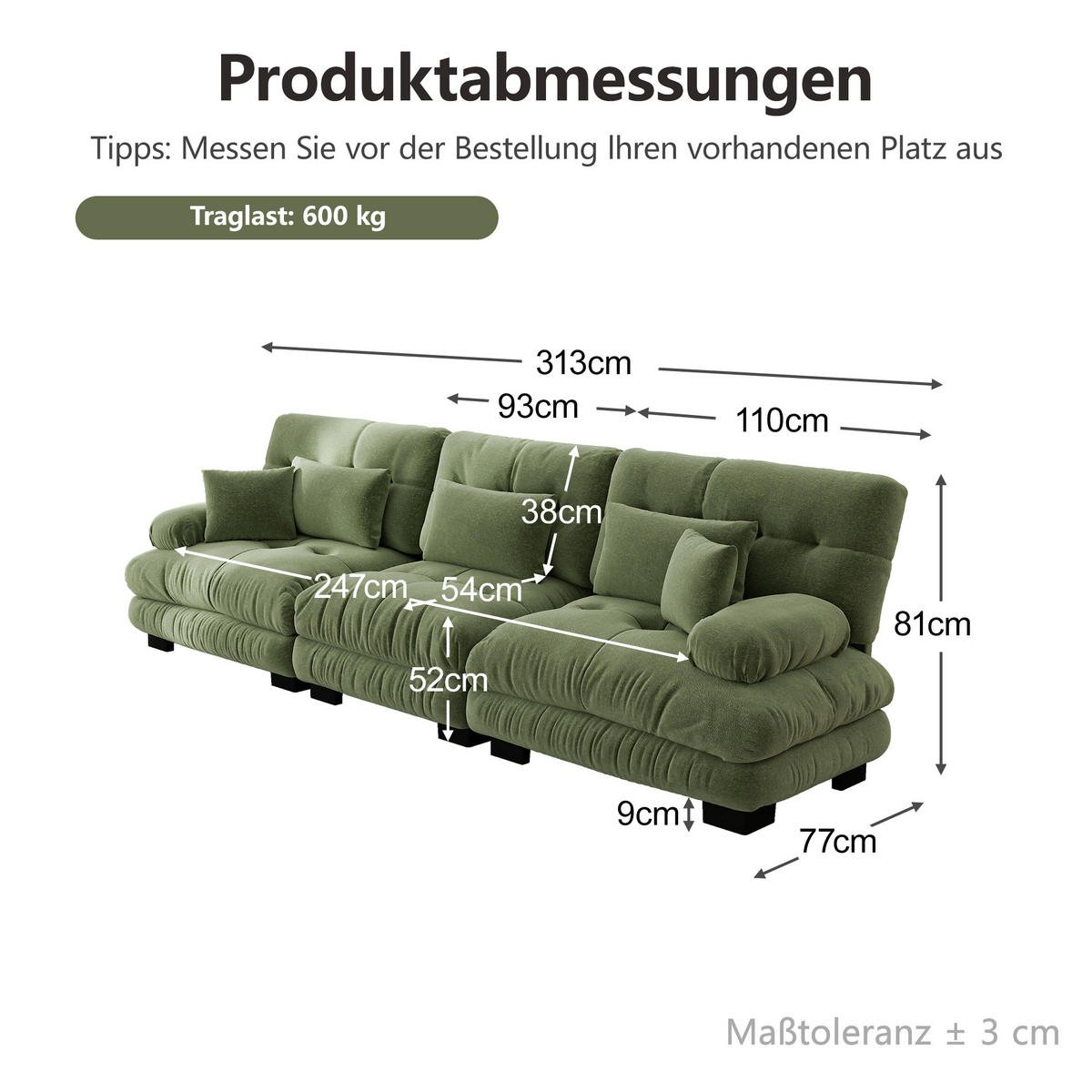3-SITZER-SOFA DE-34065 modular mit Tiefensitz Grau - Grün, Holz (77/81/313cm) - ComfortXL