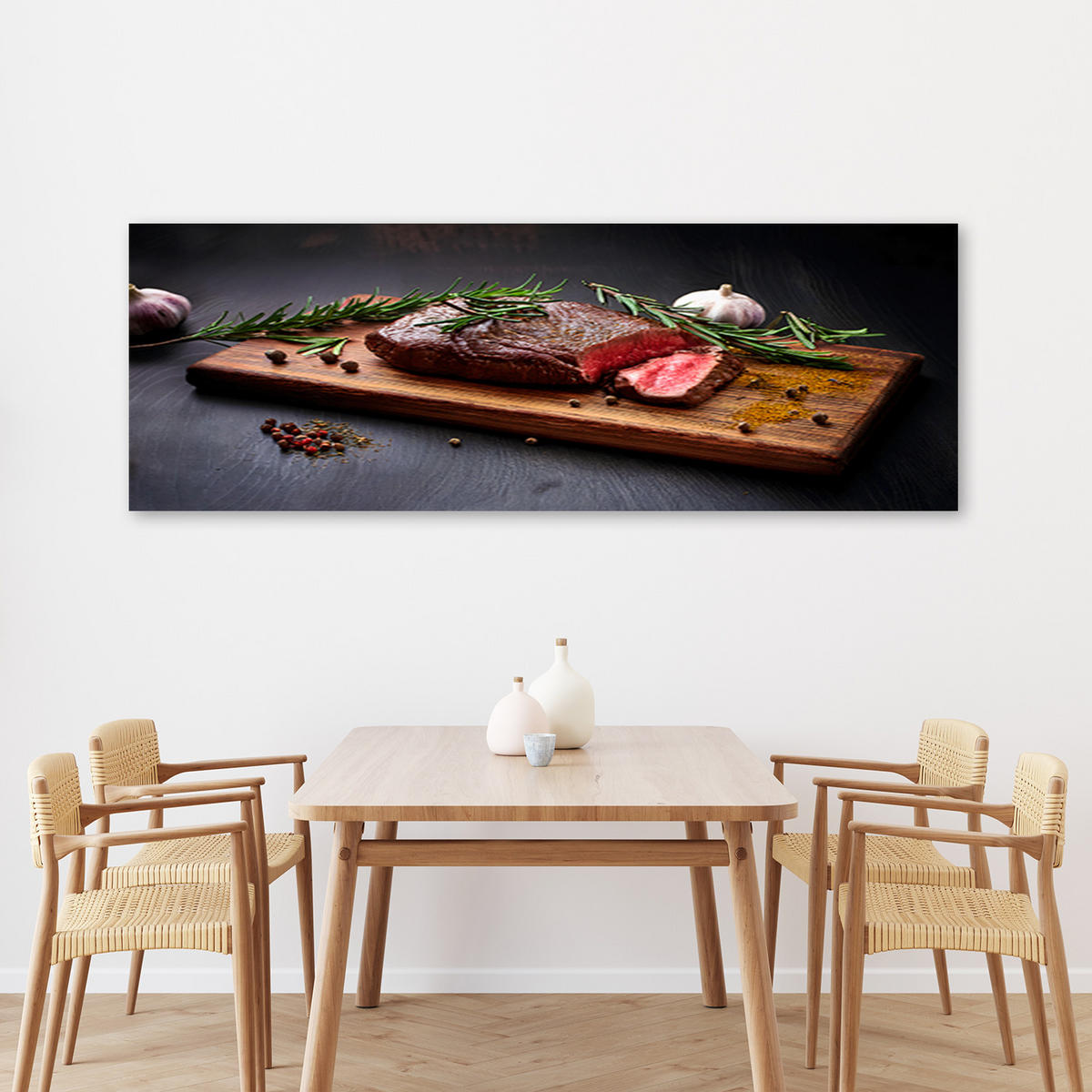 WANDBILD steak fleisch essen für die restaurantküche - Schwarz, Textil (90/30cm) - Feeby