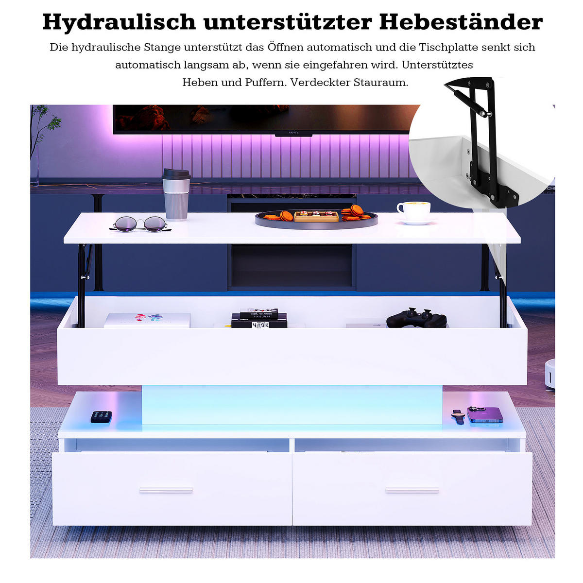 KLUB stolić 100/50/44 cm s hidrauličkim podizanjem, LED osvjetljenjem i skrivenim spremištem, Bijeli - bijela, drvni materijal (100/50/44cm) - Redom