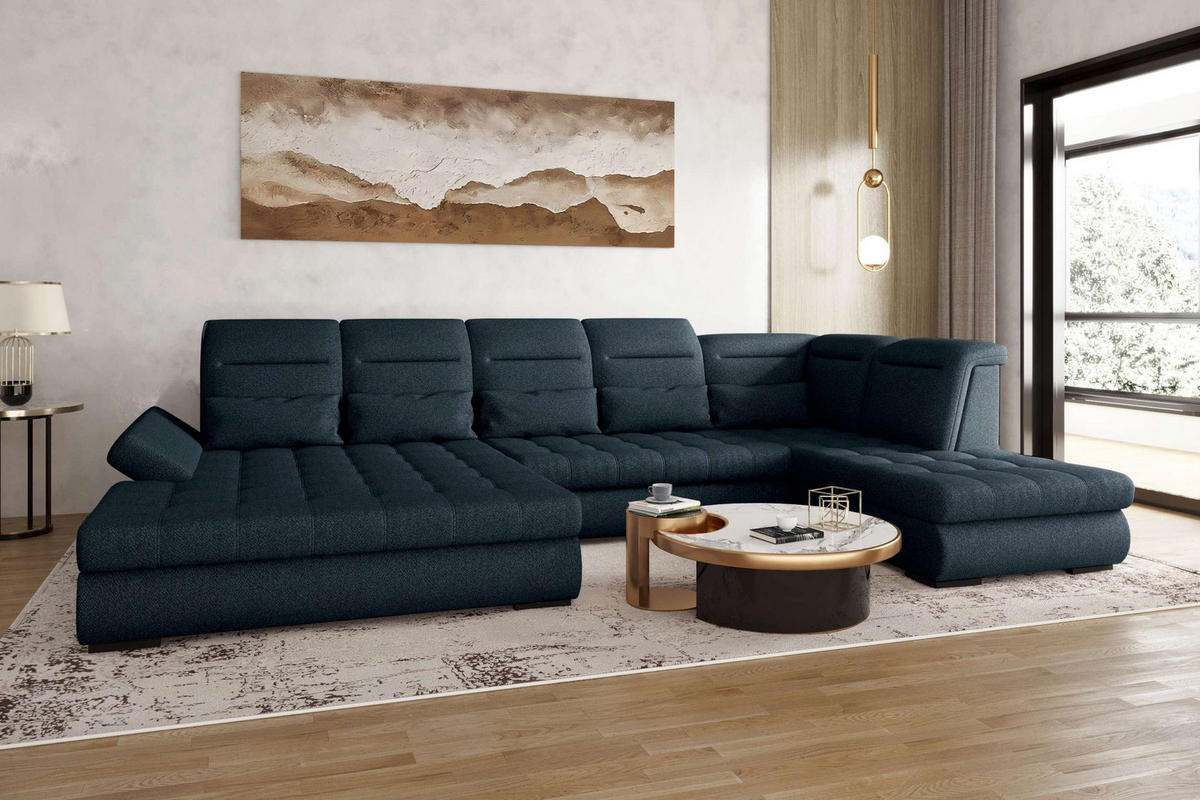 WOHNLANDSCHAFT Toscana Velours inkl. Schlaffunktion - Dunkelblau, Textil (208/87/358cm) - 99rooms