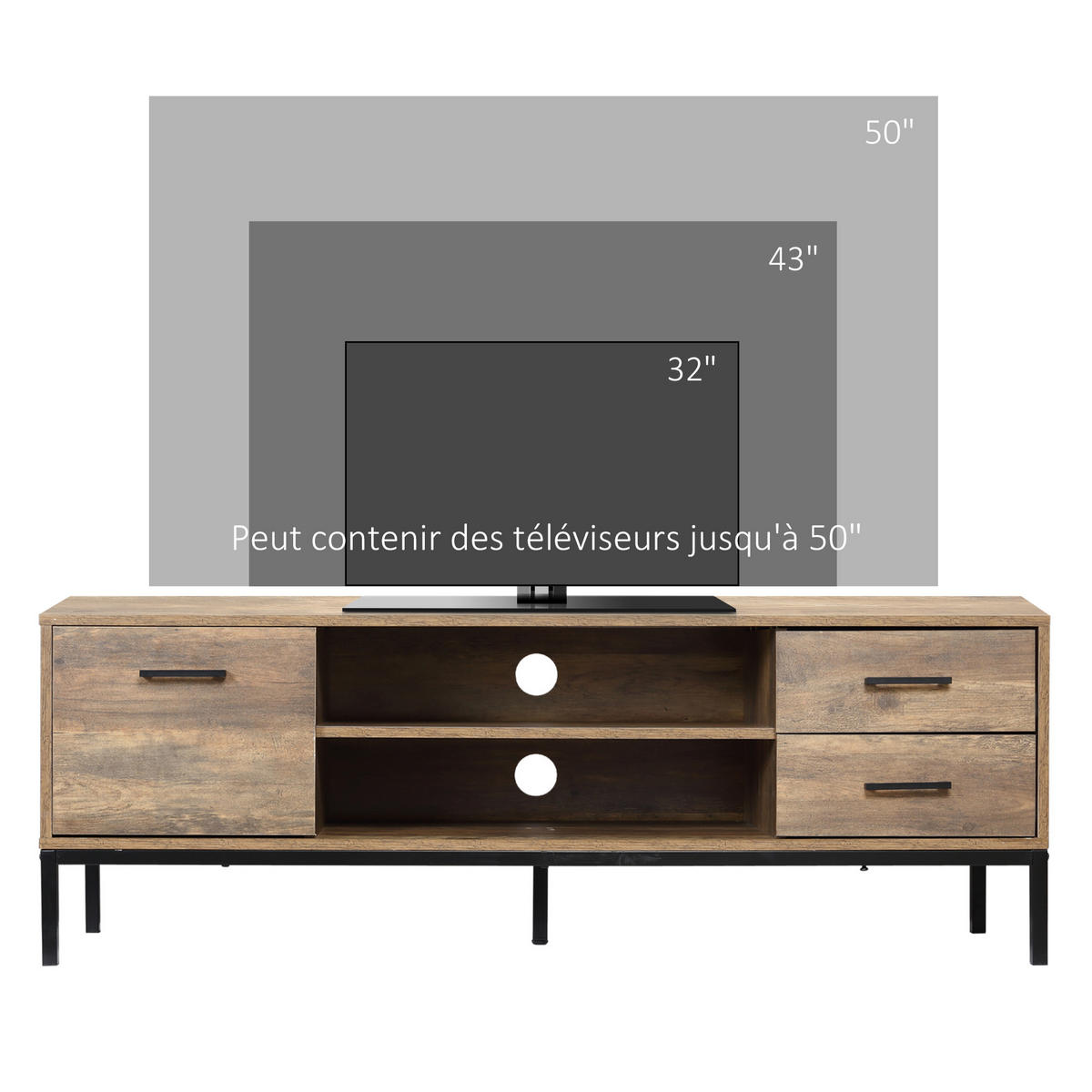 TV-BANK Braun/Schwarz 132/39/45,5 cm, 2 Schubladen, 1 Tür, Metallgestell - Braun, Holzwerkstoff (132/45.5/39cm) - PANGIVO
