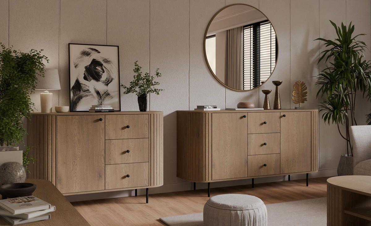 SIDEBOARD Halay Eiche Cremona 2 Türen & 3 Schubladen Moderne Rillenstruktur 164,6 cm - Eichefarben/Schwarz, Holzwerkstoff/Metall (164.6/85.4/42.3cm) - AX Living