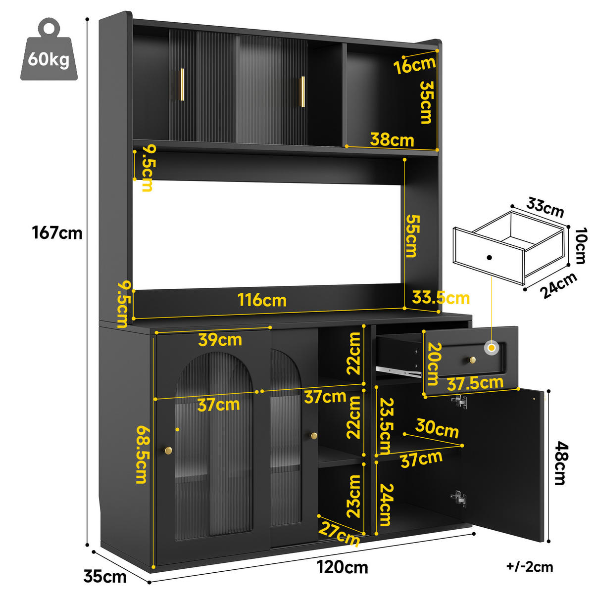ANRICHTE Küchenschrank 120/35/167 cm aus MDF und Holzwerkstoff mit LED-Beleuchtung Schwarz - Schwarz, Holzwerkstoff (120/167/35cm) - Modenvie