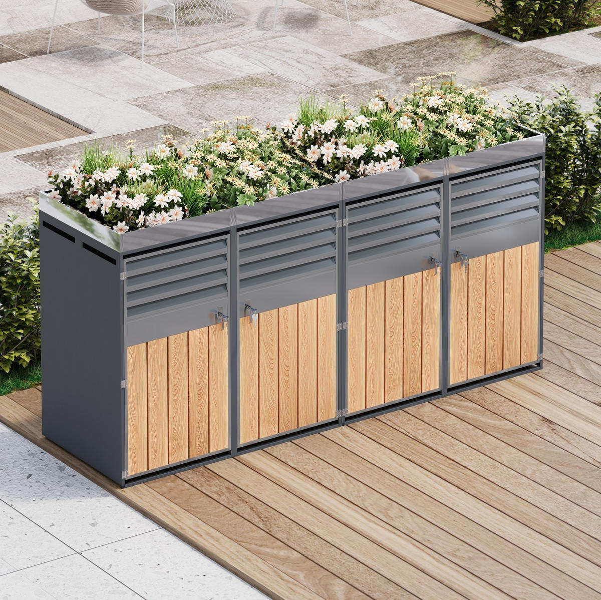 MÜLLTONNENBOX aus Stahl in Grau/Holzoptik mit Pflanzfläche & 4 abschließbaren Türen - Grau, Metall (264/124.5/80cm) - Modfu