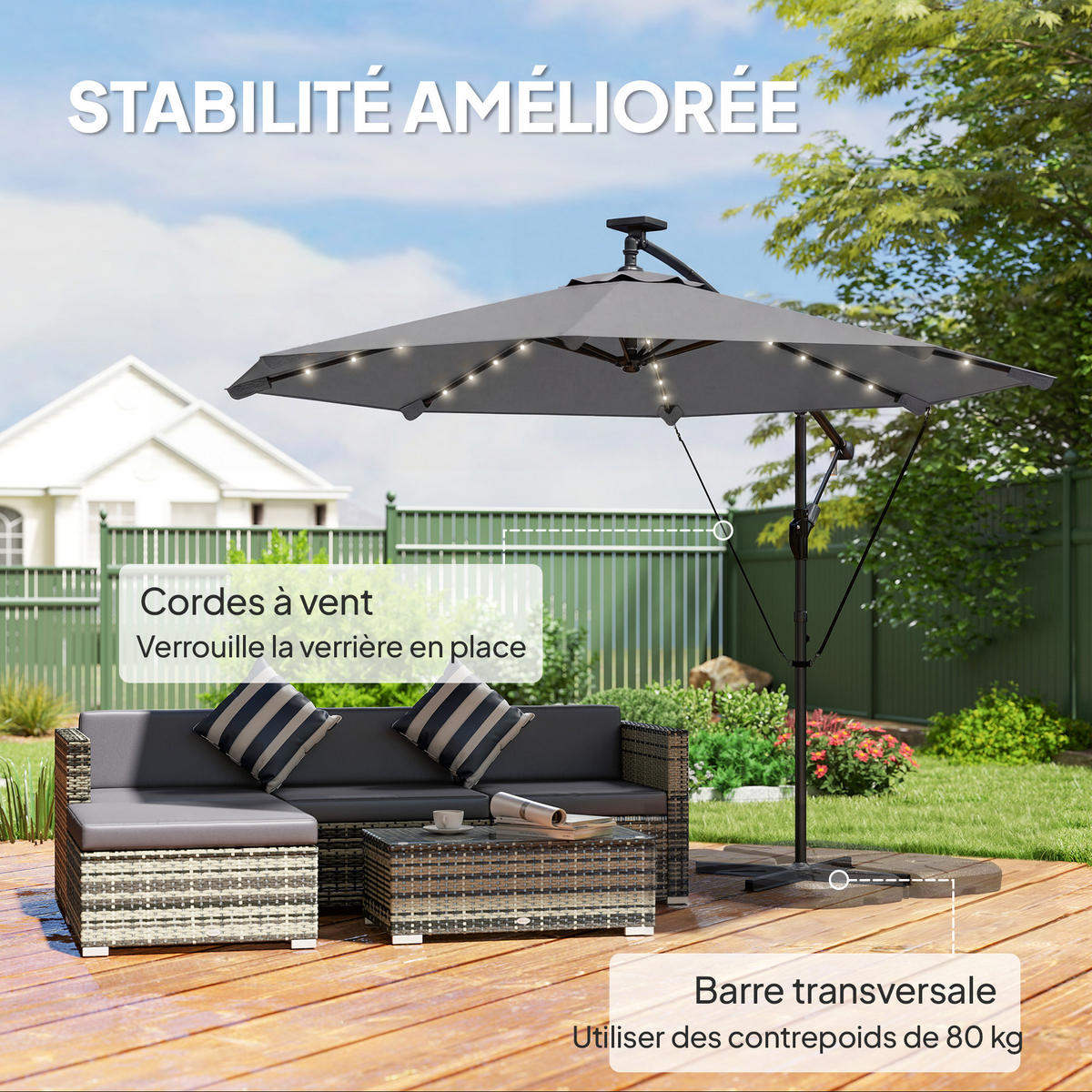 AMPELSCHIRM Ø295 cm DE-11587 mit Solar-LED & UV50+ Grau - Dunkelgrau, Metall (295/330cm) - ComfortXL