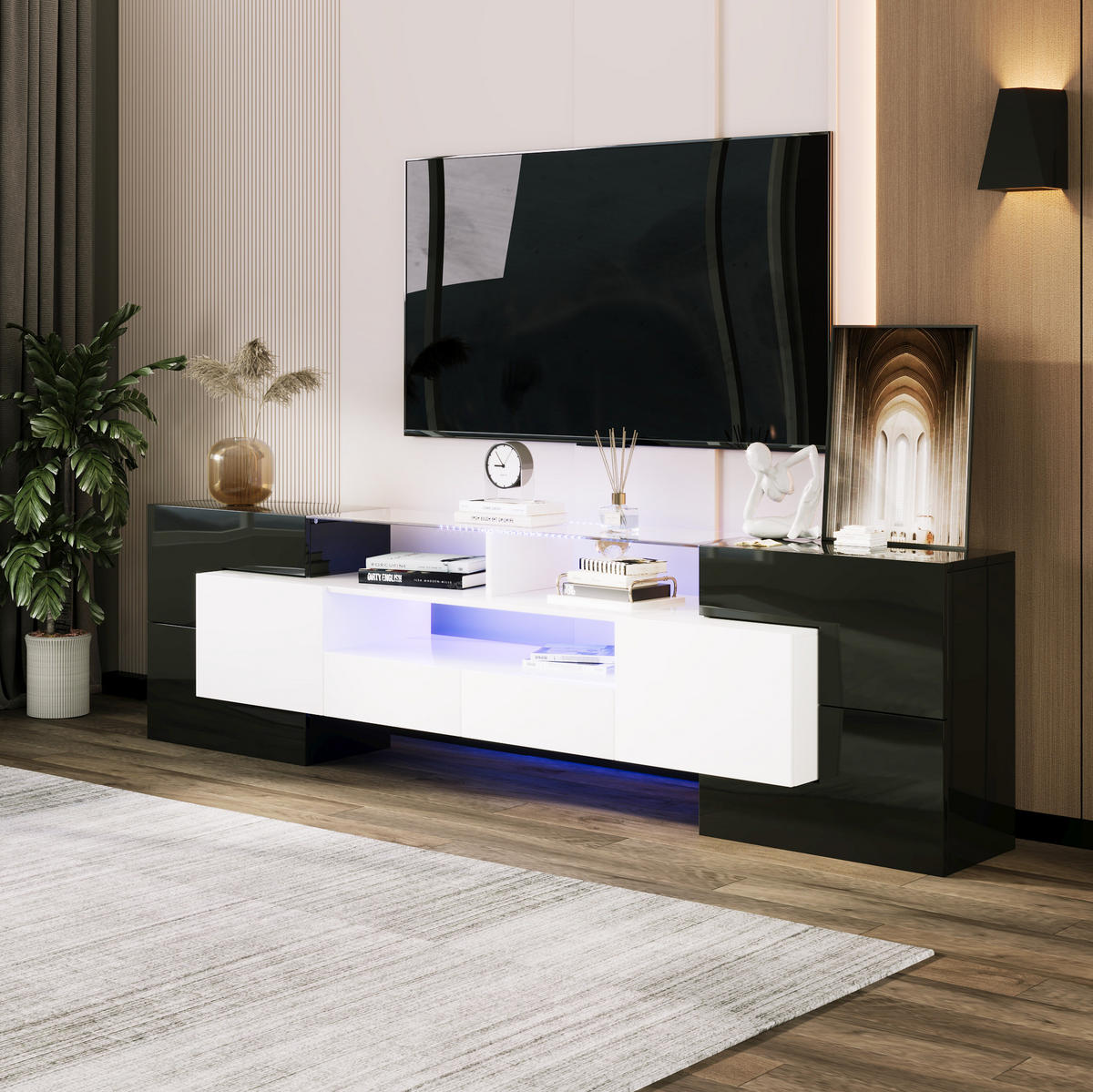 LOWBOARD 200/35/60 cm Schwarz/Weiß aus Spanplatte/MDF mit LED-Beleuchtung - Schwarz, Holzwerkstoff (30/60/200cm) - OKMYHOME
