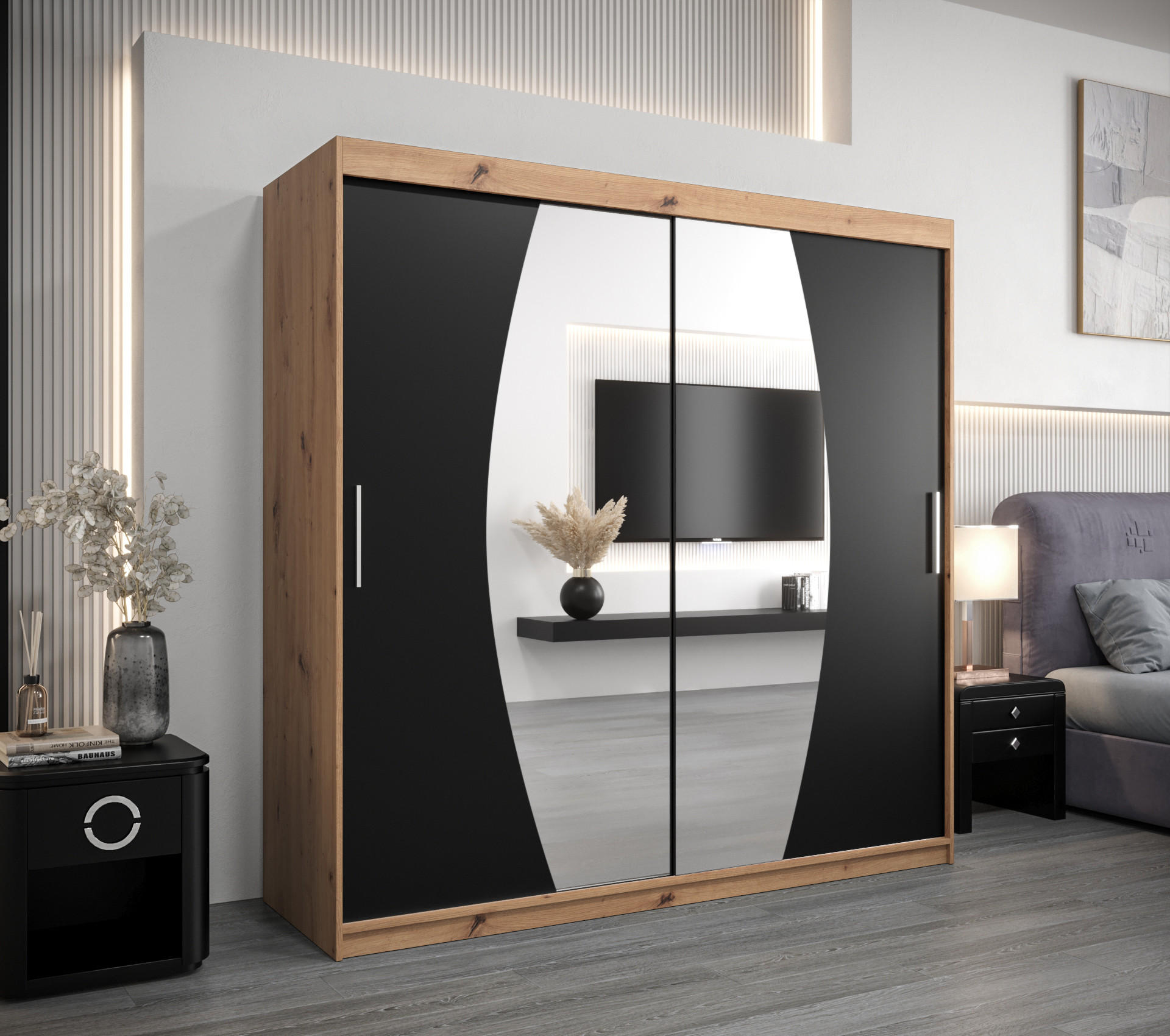 SCHWEBETÜRENSCHRANK 200/200/62 2-türig - Silberfarben/Schwarz, Holz/Kunststoff (200/200/62cm) - Abiks Möbel