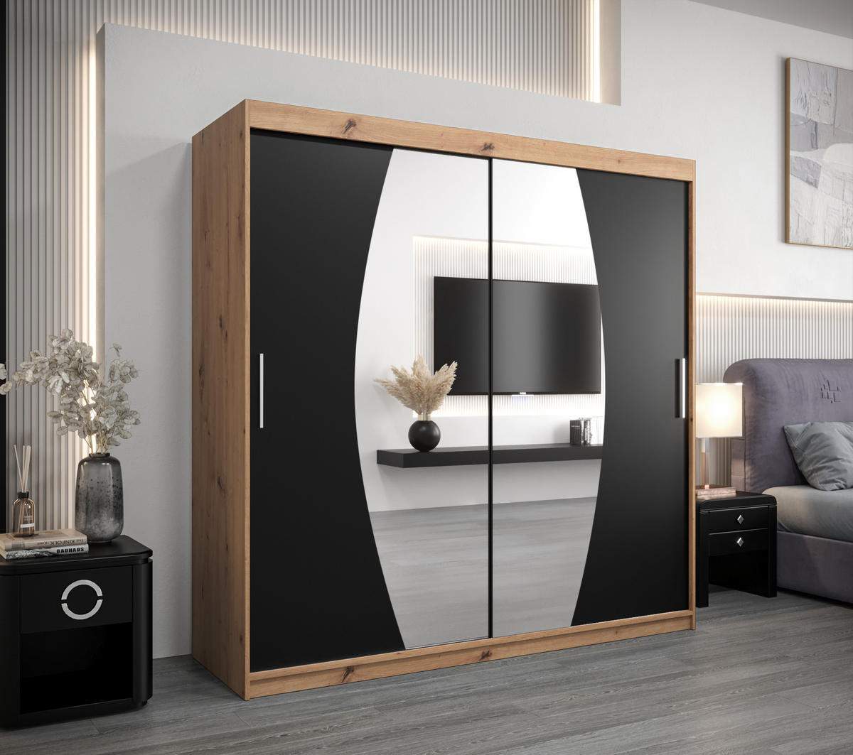 SCHWEBETÜRENSCHRANK 200/200/62 2-türig - Silberfarben/Schwarz, Holz/Kunststoff (200/200/62cm) - Abiks Möbel