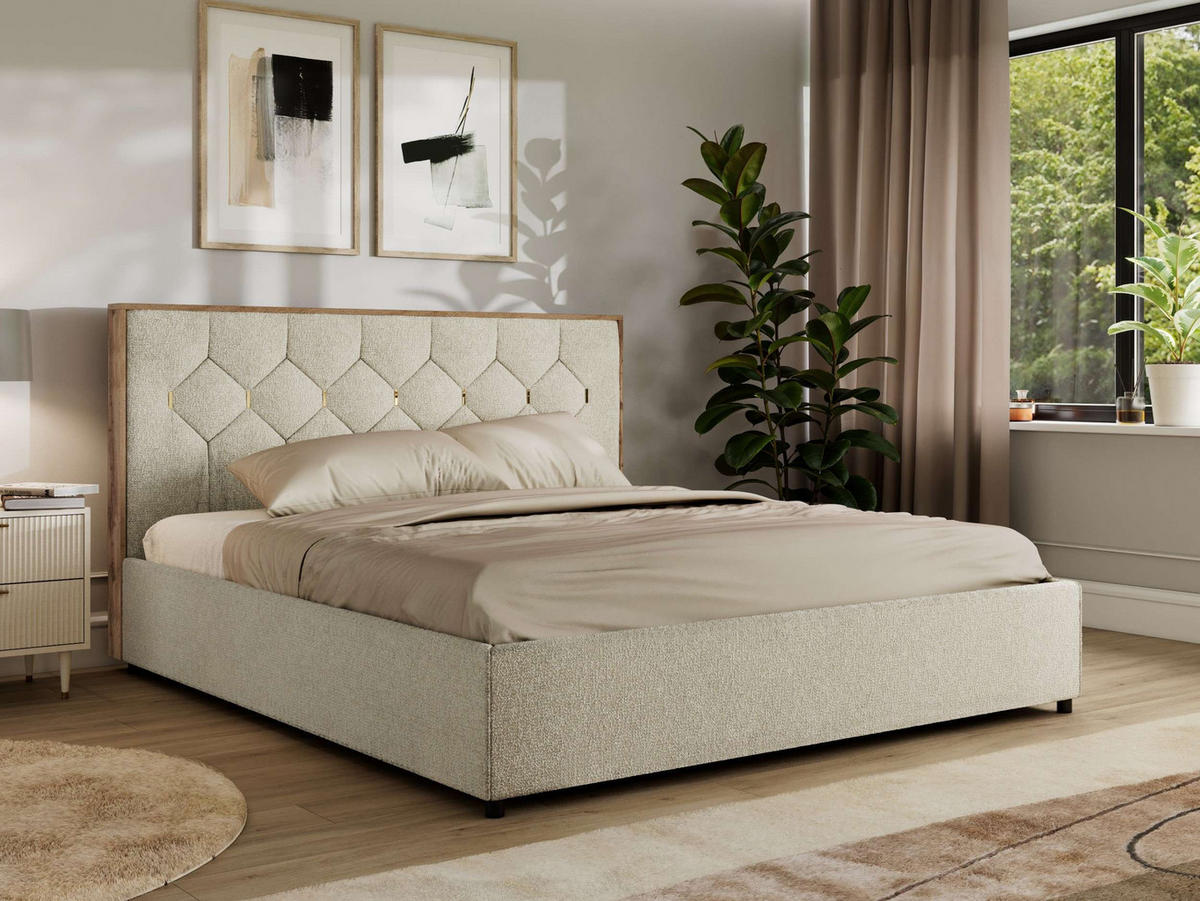 POLSTERBETT LARINO CLASSIC 140/200 - Creme Strukture - Schaum-Matratze - Creme, Textil (140/200cm) - MKS