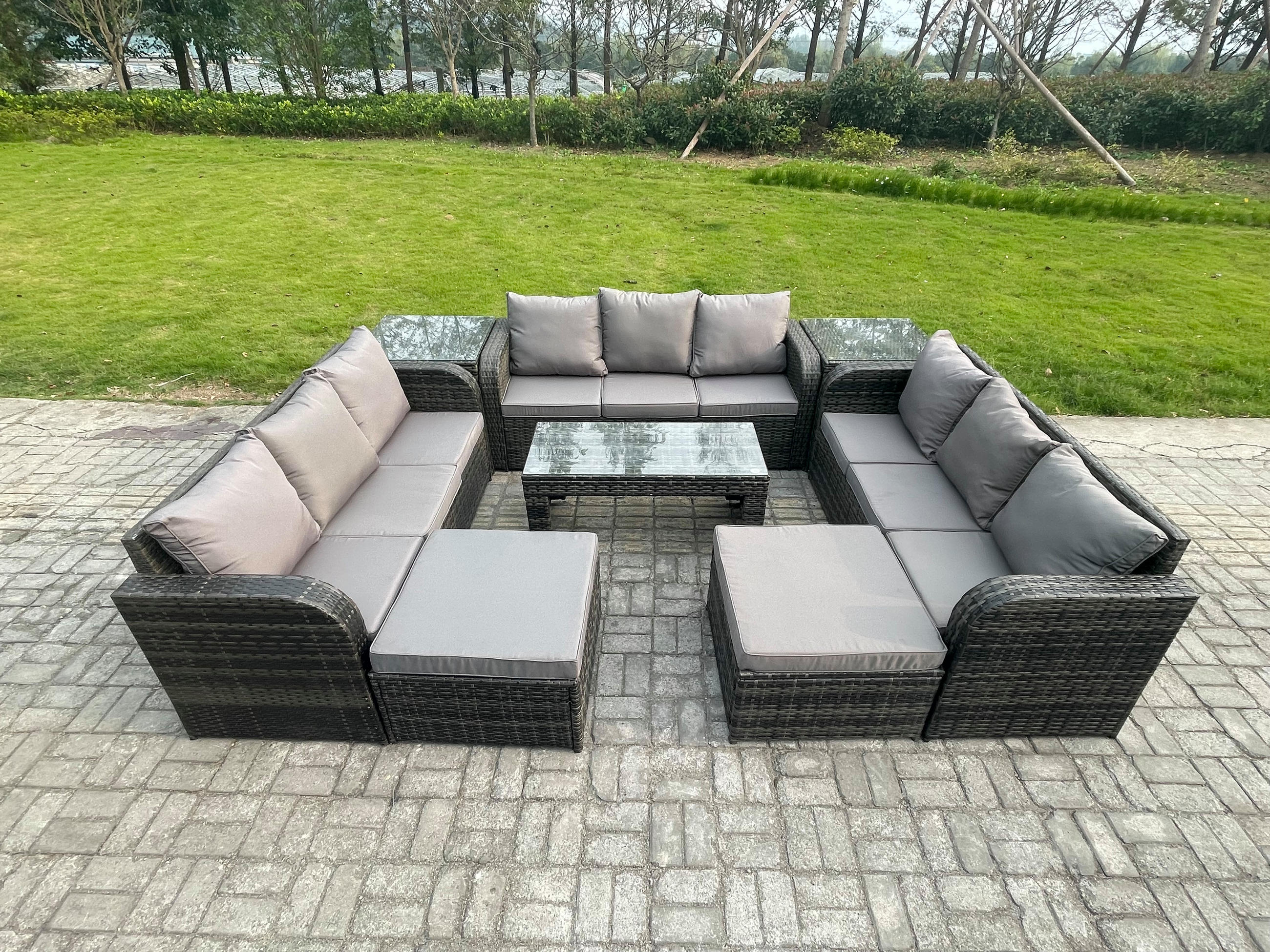 GARTENSOFA SET mit rechteckigem COUCHTISCH Polyrattan 11-Sitzer Dunkelgrau - Dunkelgrau/Grau, Glas/Kunststoff - Fimous