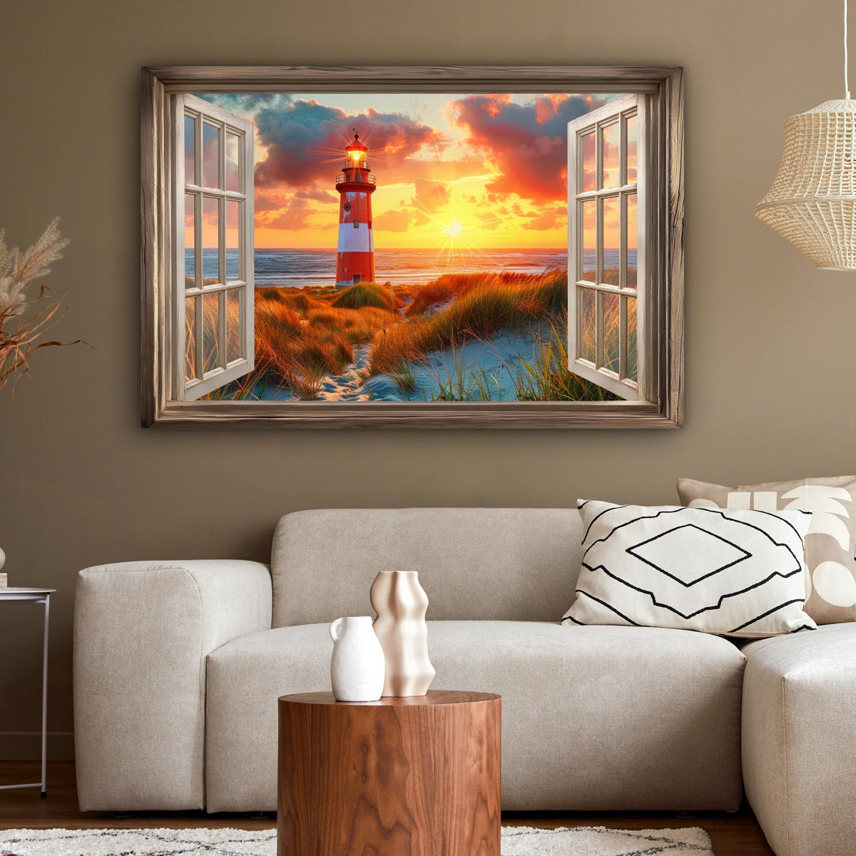 LEINWANDBILD Aussicht - Fenster - Leuchtturm - Sonnenuntergang - Strand Wohnzimmer 120x80 cm - Dunkelorange, Textil (120/80cm) - MuchoWow
