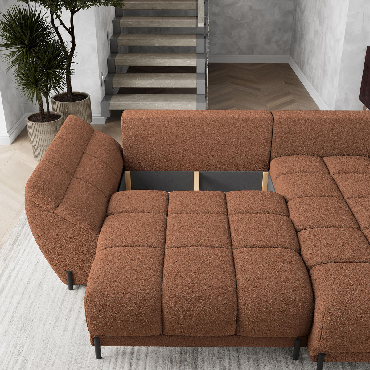 ECKSOFA VESTANO R-S Kupferfarben Boucle-Stoff mit Schlaffunktion - Kupferfarben, Holz (287/182cm) - MASSENO