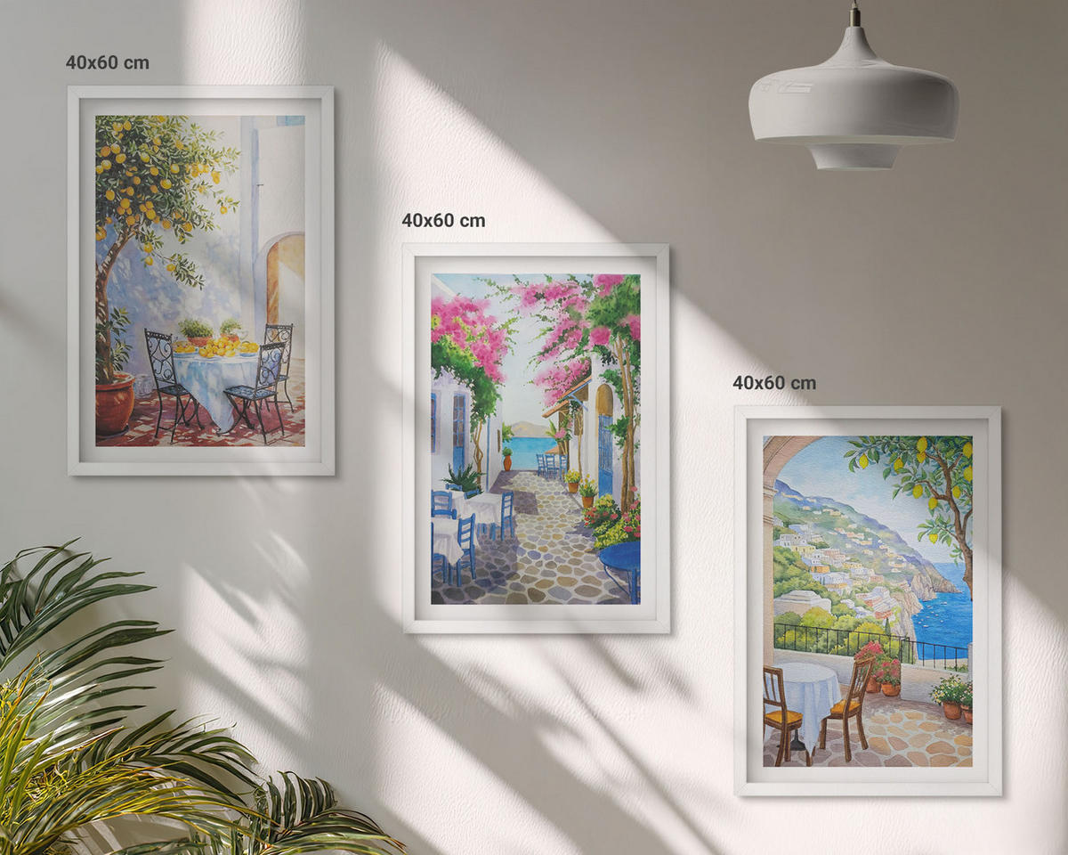 BILDER SET 3er Set - 40x60 cm Weißer Rahmen - Charmante Straßen, Pflanzen, Meer - Weiß, Kunststoff (40/60cm) - TULUP