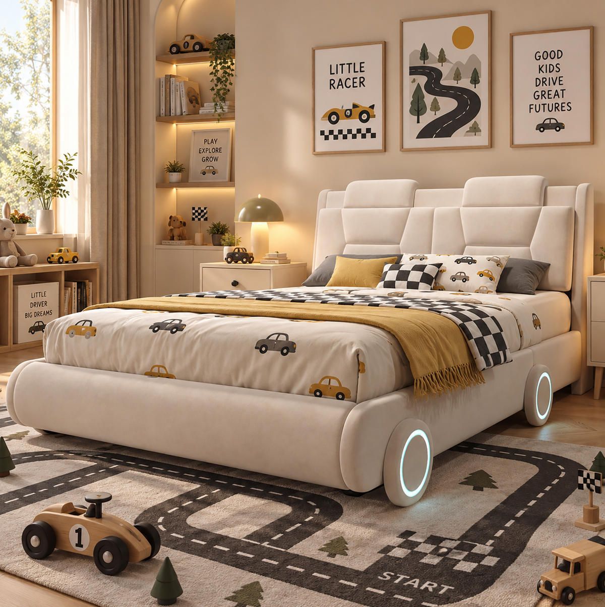 KINDER-POLSTERBETT aus Flanell 140x200 cm Beige im Auto-Design mit höhenverstellbarem Kopfteil - Beige, Textil (140/200cm) - Modfu