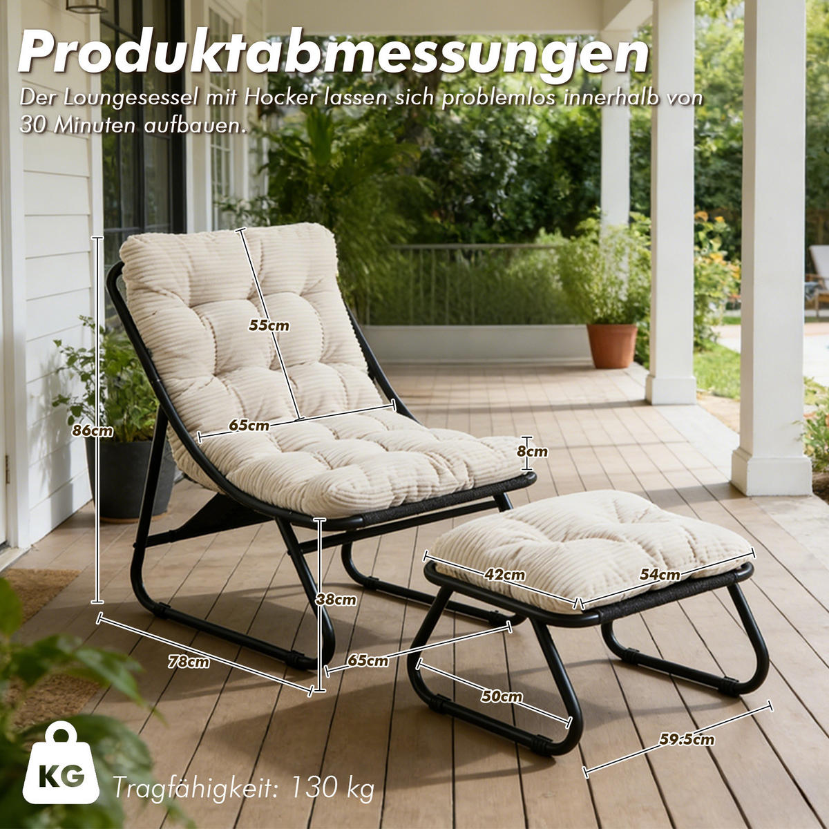 SESSELSET, Relaxsessel mit Hocker,Stahlrahmen,Cord,Weiß - Weiß, Metall (78/86/65cm) - LVHOM