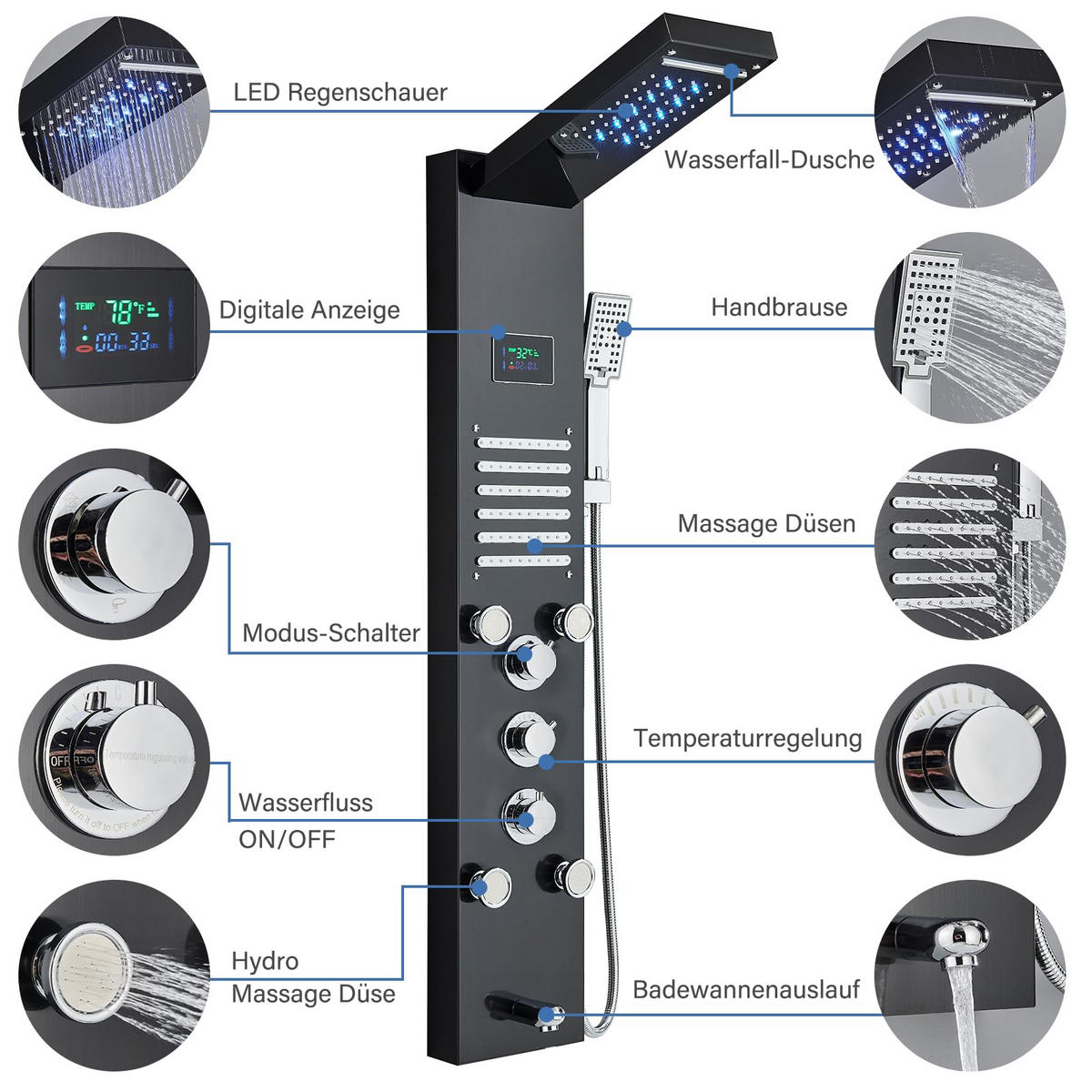 ÜBERKOPFBRAUSESET Edelstahl Hydromassage LED Digitalanzeige Schwarz - Schwarz, Metall (16/121/39cm) - Kaket