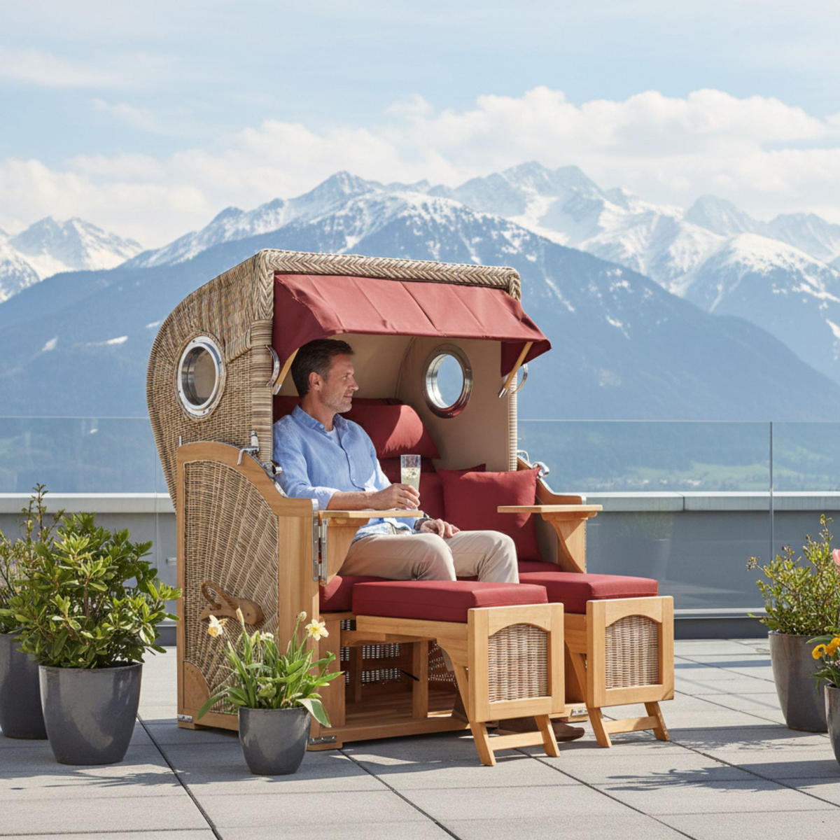 STRANDKORB Düne 2-Sitzer Teak Shell - Rot/Braun, Holz/Metall (125/170/80cm) - Mr. Deko