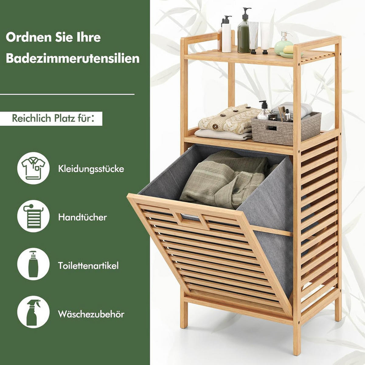 BADREGAL mit Wäschekorb natur - Naturfarben, Naturmaterialien (43.5/96/33cm) - COSTWAY