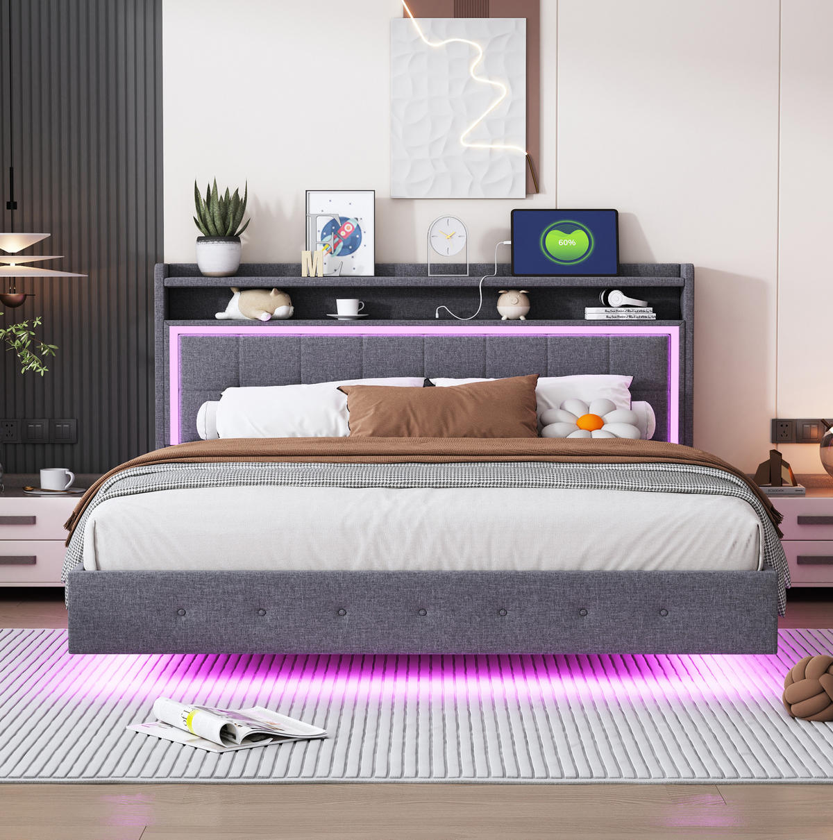 POLSTERBETT 160/200 cm Grau mit USB-Steckdose und LED-Beleuchtung - Grau, Textil (160/200cm) - OKWISH