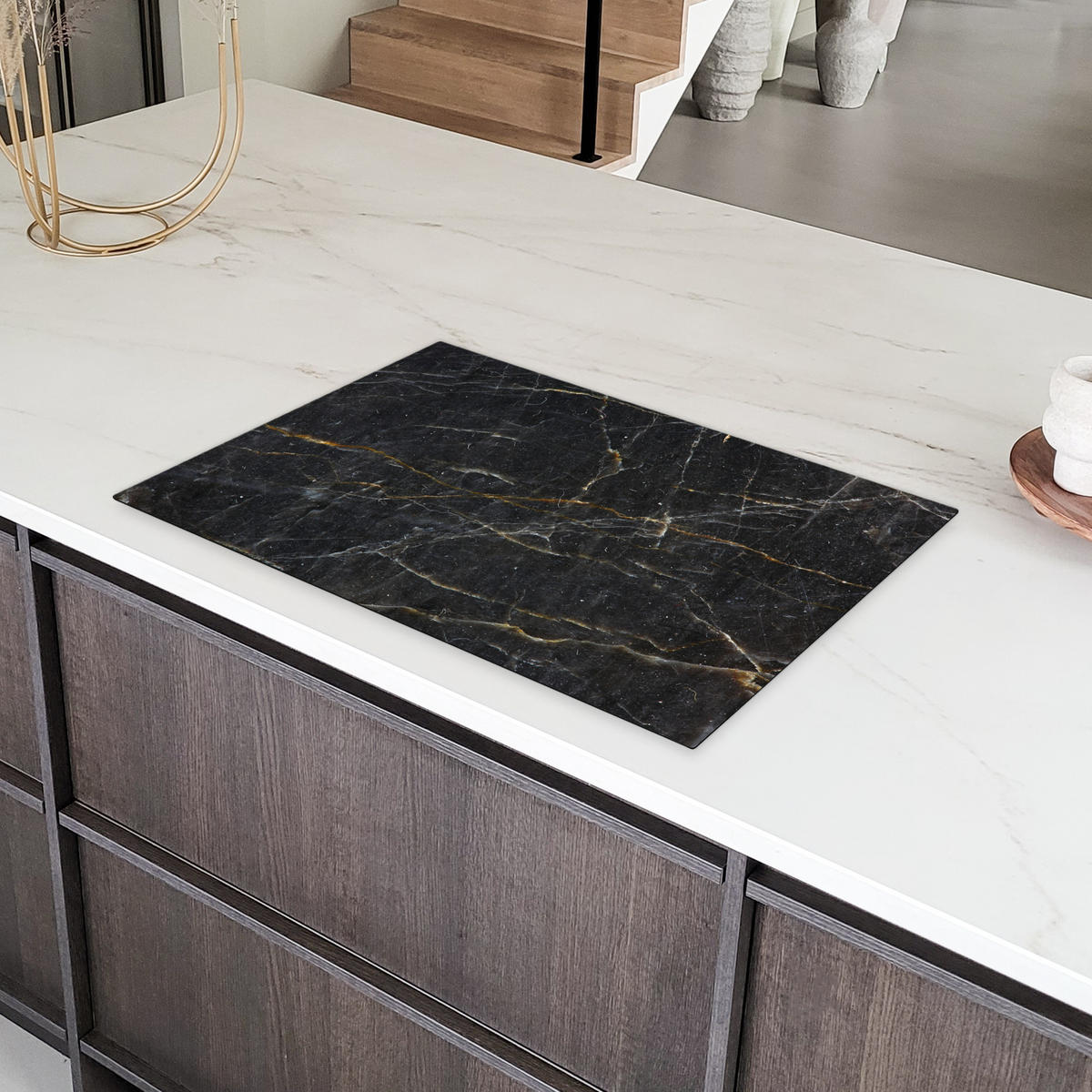 HERDABDECKPLATTE Marmor - Schwarz - Gold - Grau - Marmorstruktur 80x52 cm - Goldfarben, Kunststoff (80.2/0.2/52.2cm) - MuchoWow