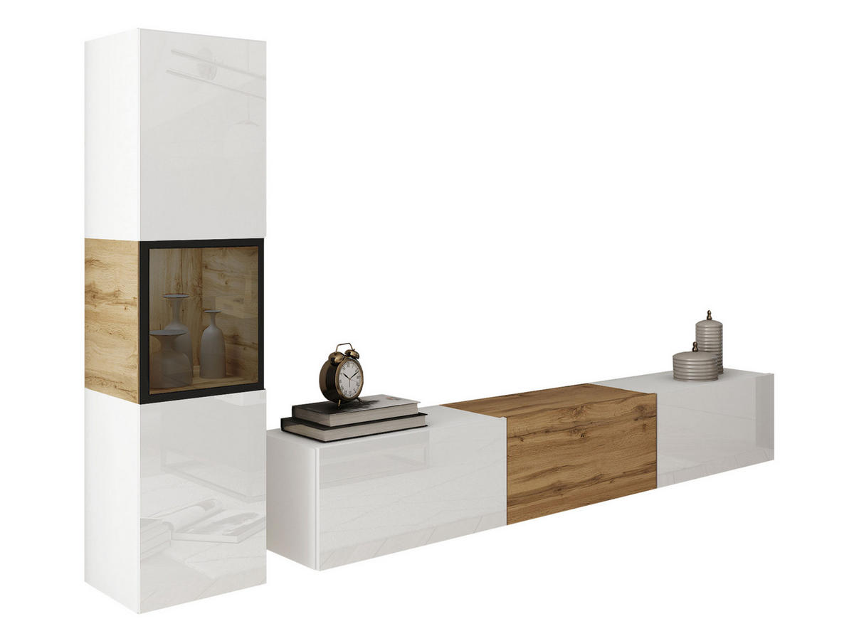 WOHNWAND Berlin I - Weiß Hochglanz/Eiche Wotan, Holzwerkstoff/Kunststoff (180/30/33cm) - MIRJAN24