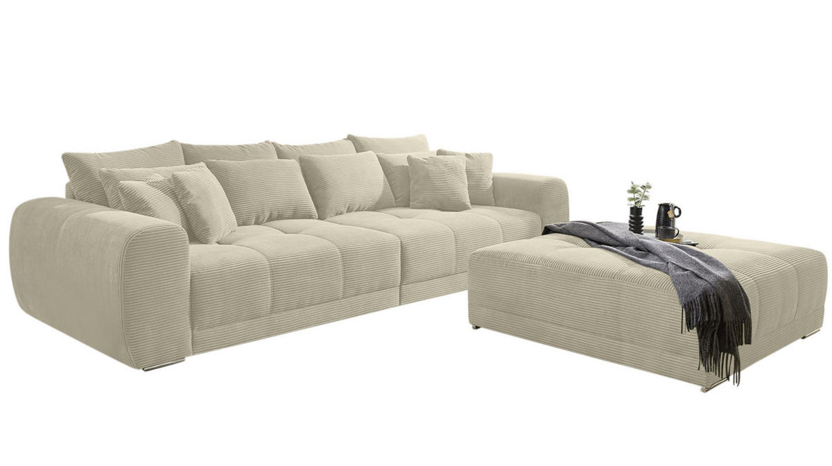 XXL-HOCKER Federkern B120/T120/H39 cm (passend zum BIG-SOFA) Cord Beige Grau / 15177 - Chromfarben/Greige, Textil/Metall (120/39/120cm) - luma-home