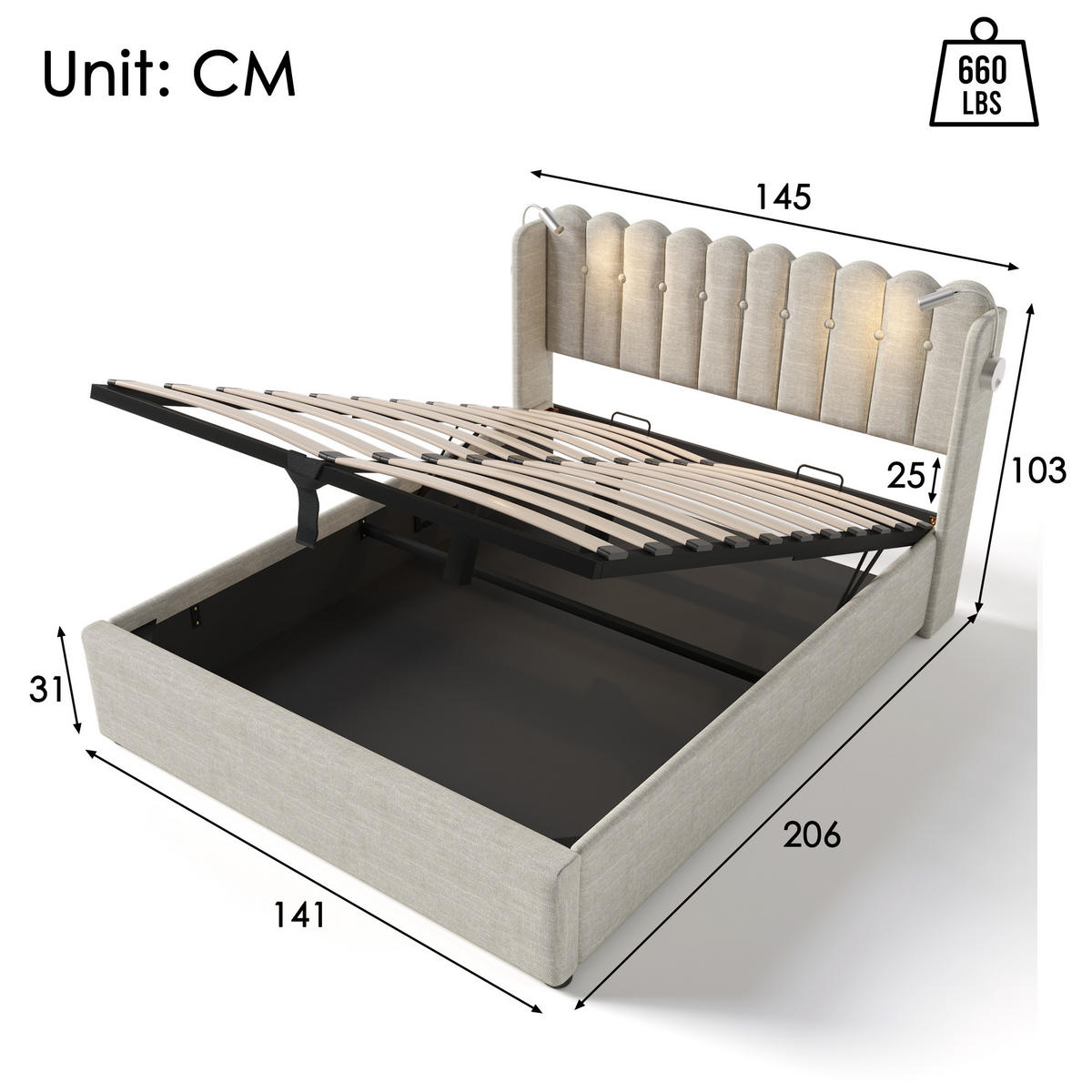 POLSTERBETT 140/200 cm Leinen Grau mit Leselicht und Ladefunktion Ohne Matratze - Naturfarben, Textil (140/200cm) - OKWISH