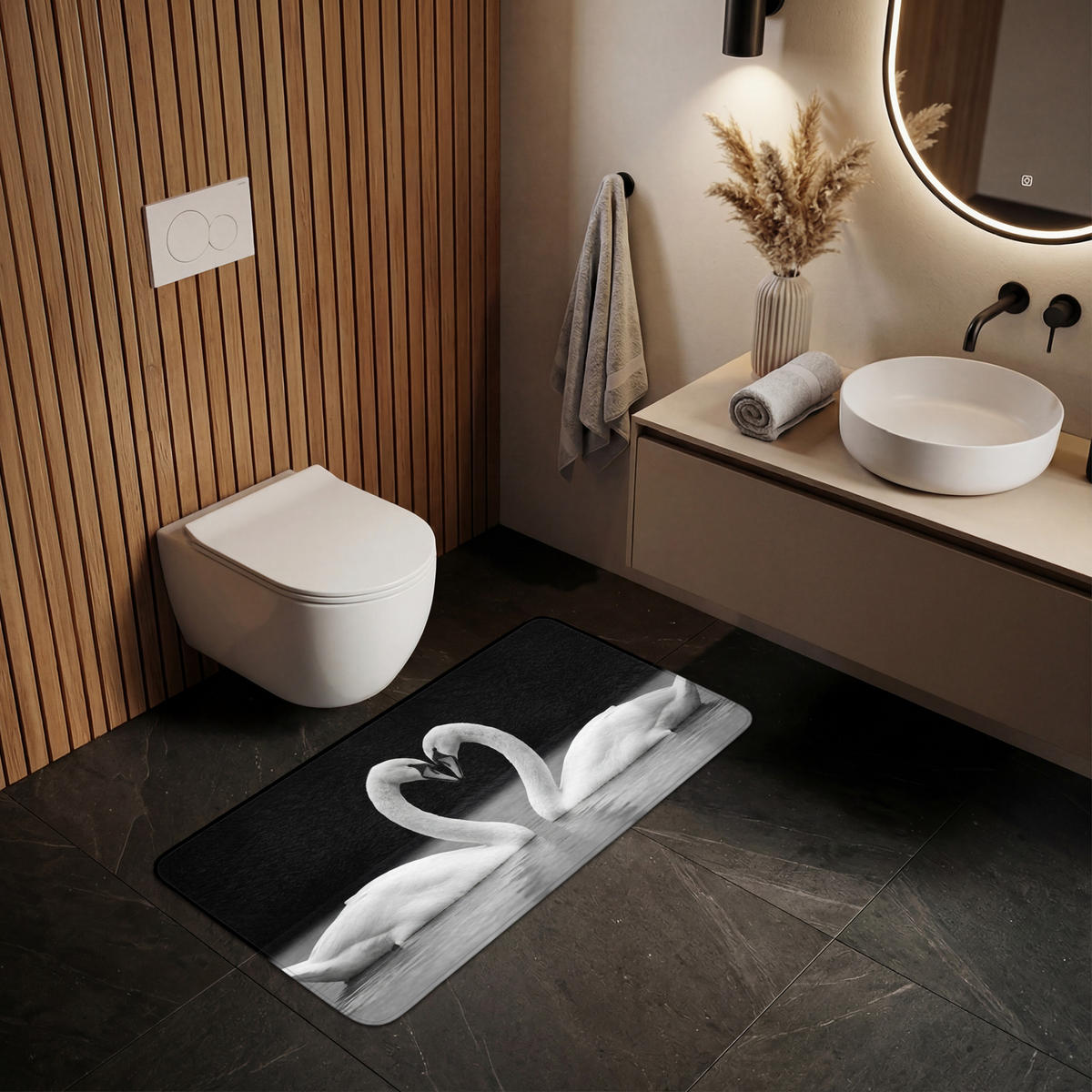 WC PŘEDLOŽKA Labutě - srdce - černá - bílá 120x60 cm - černá, textil/plast (120/1cm) - OnlyWow